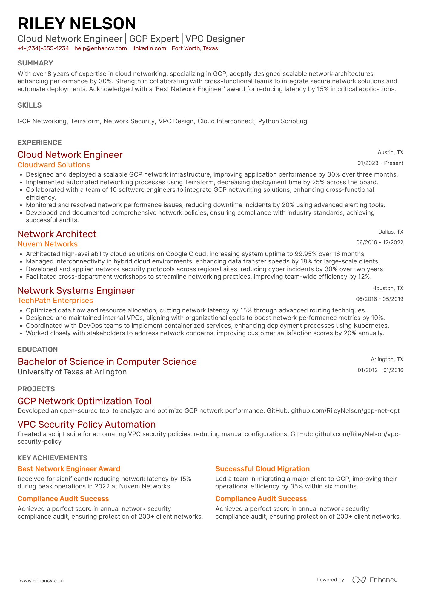 A resume example of a Google Cloud Certified Professional Cloud Network Engineer