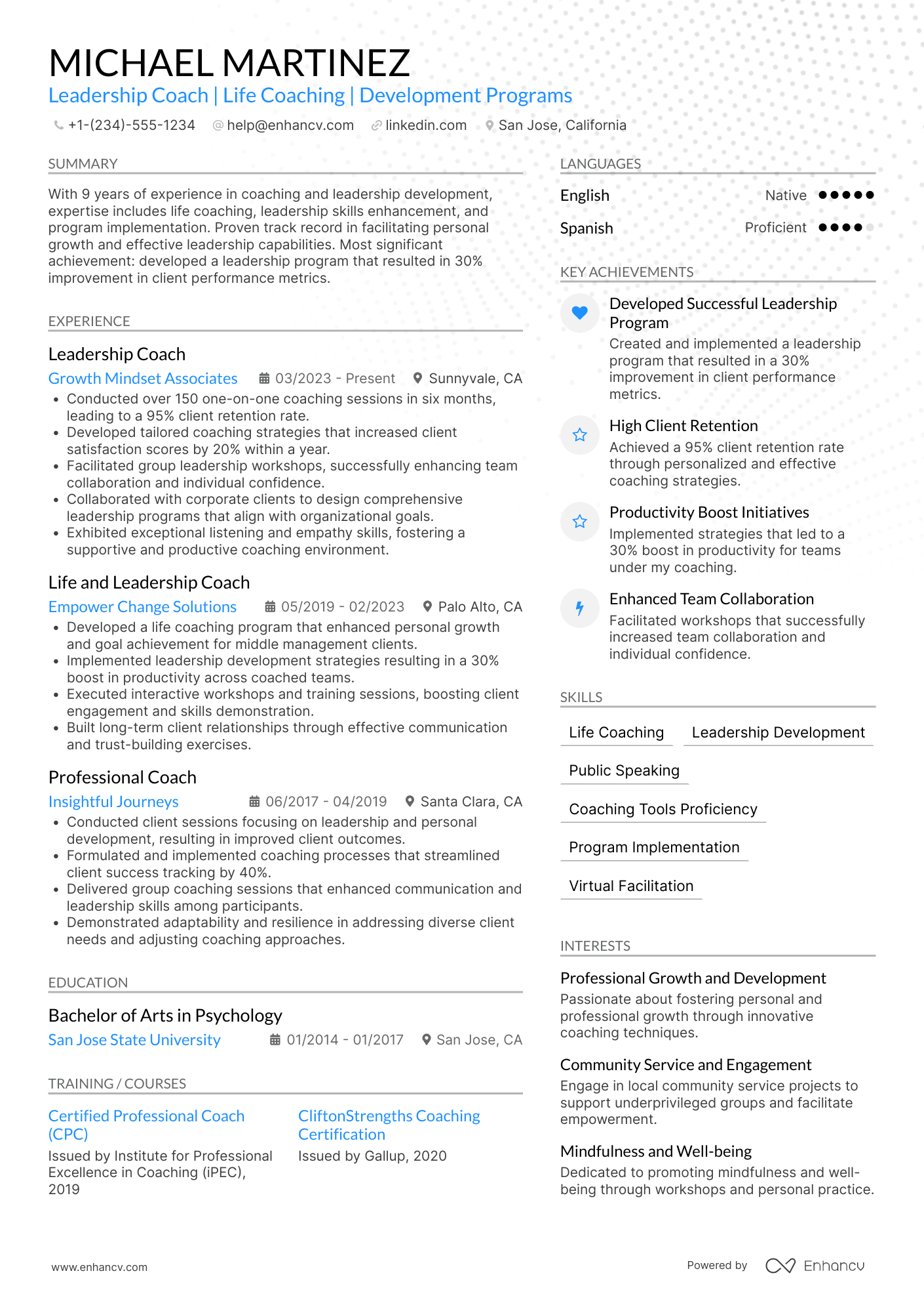 A resume example of a Leadership Life Coach