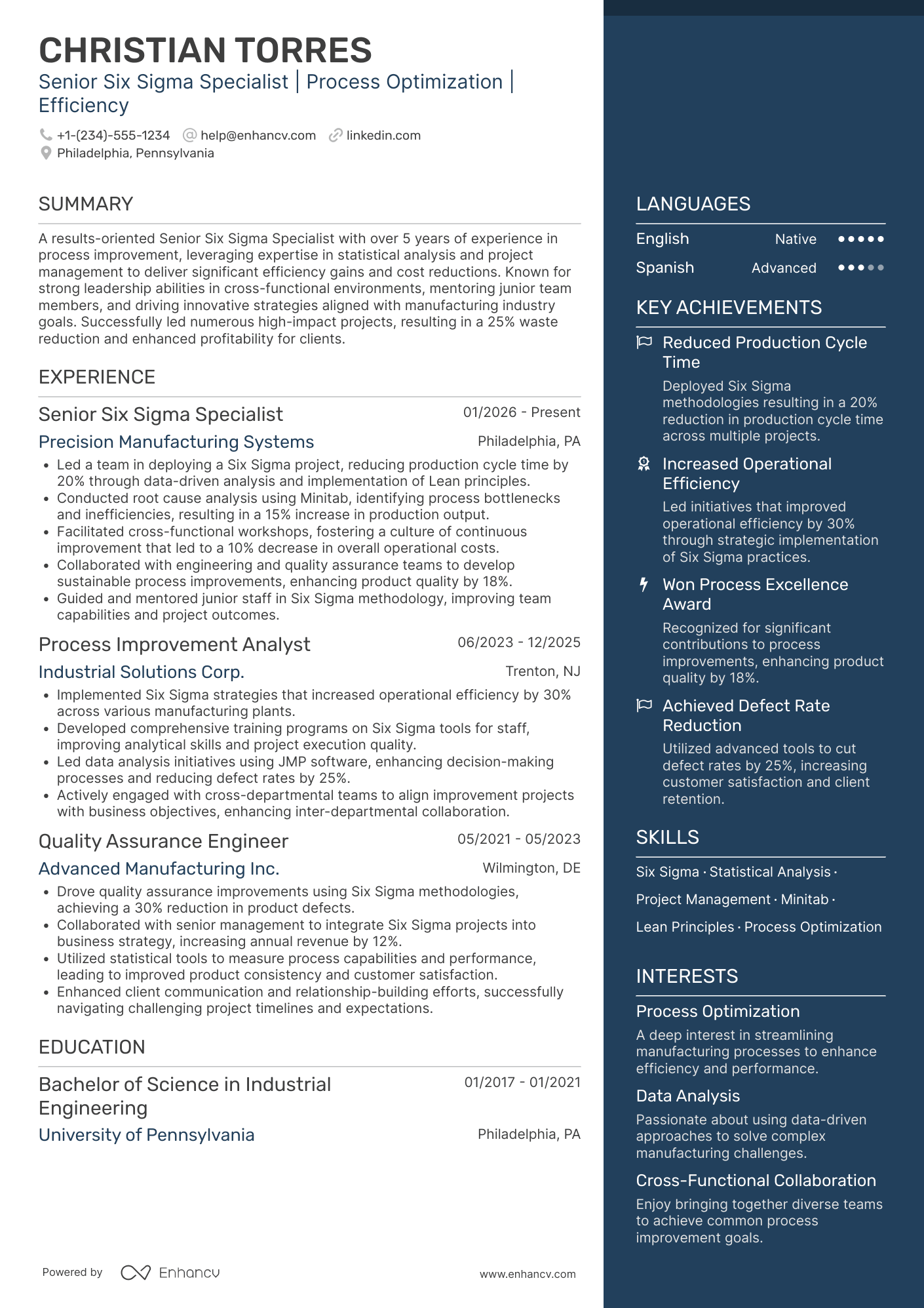 A resume example of a Six Sigma