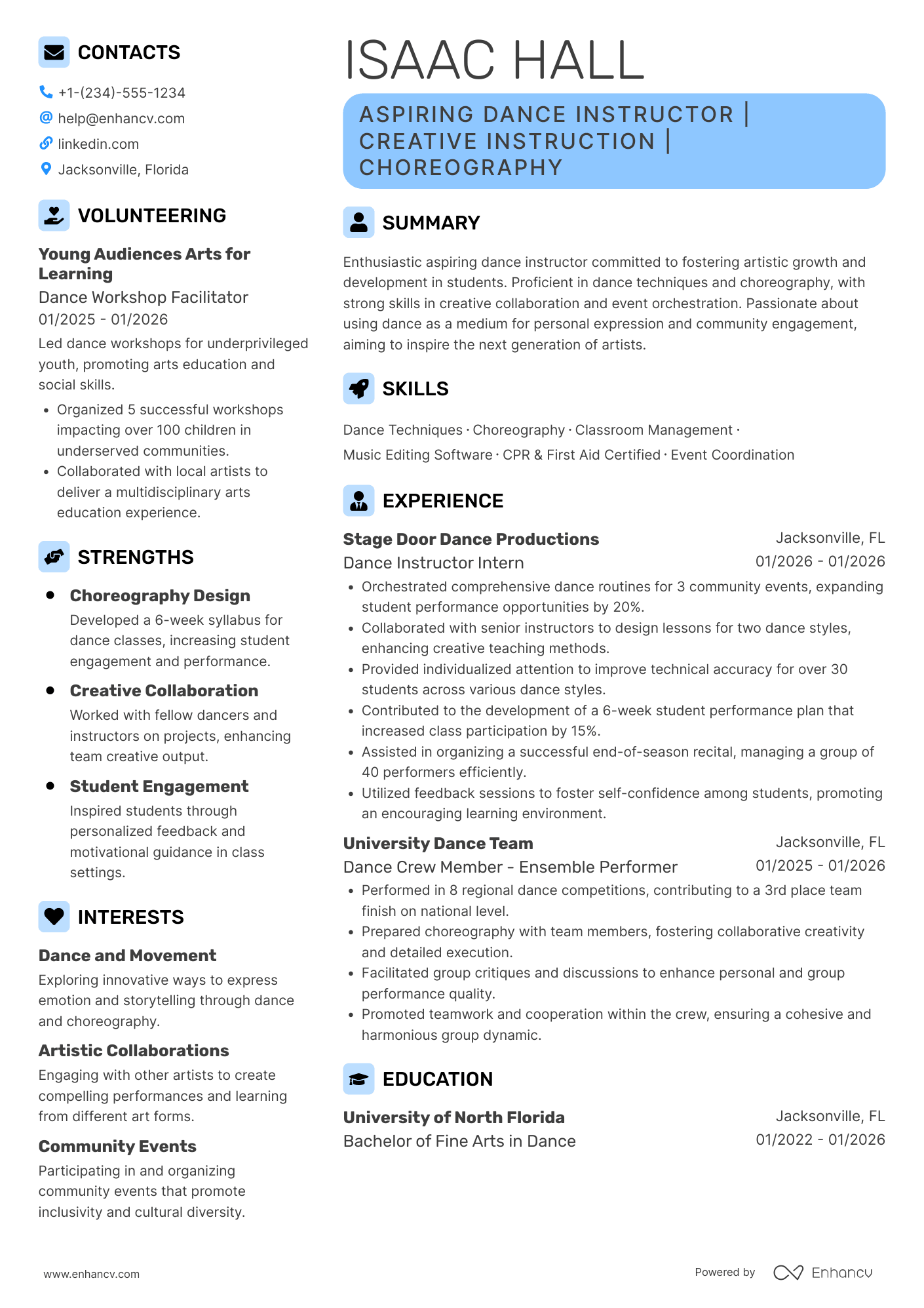 A resume example of a Dance Teacher Trainee