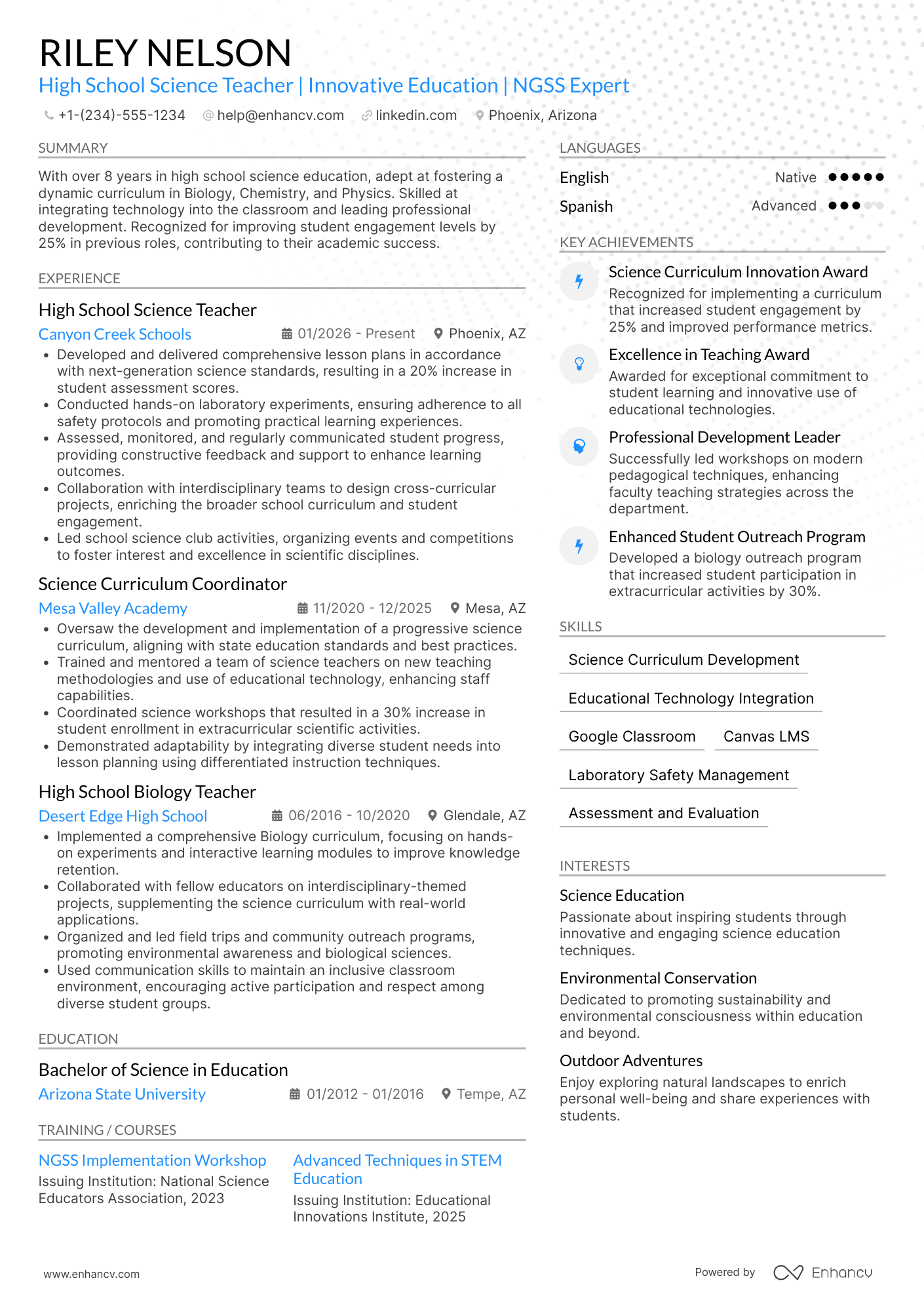 A resume example of a High School Science Teacher