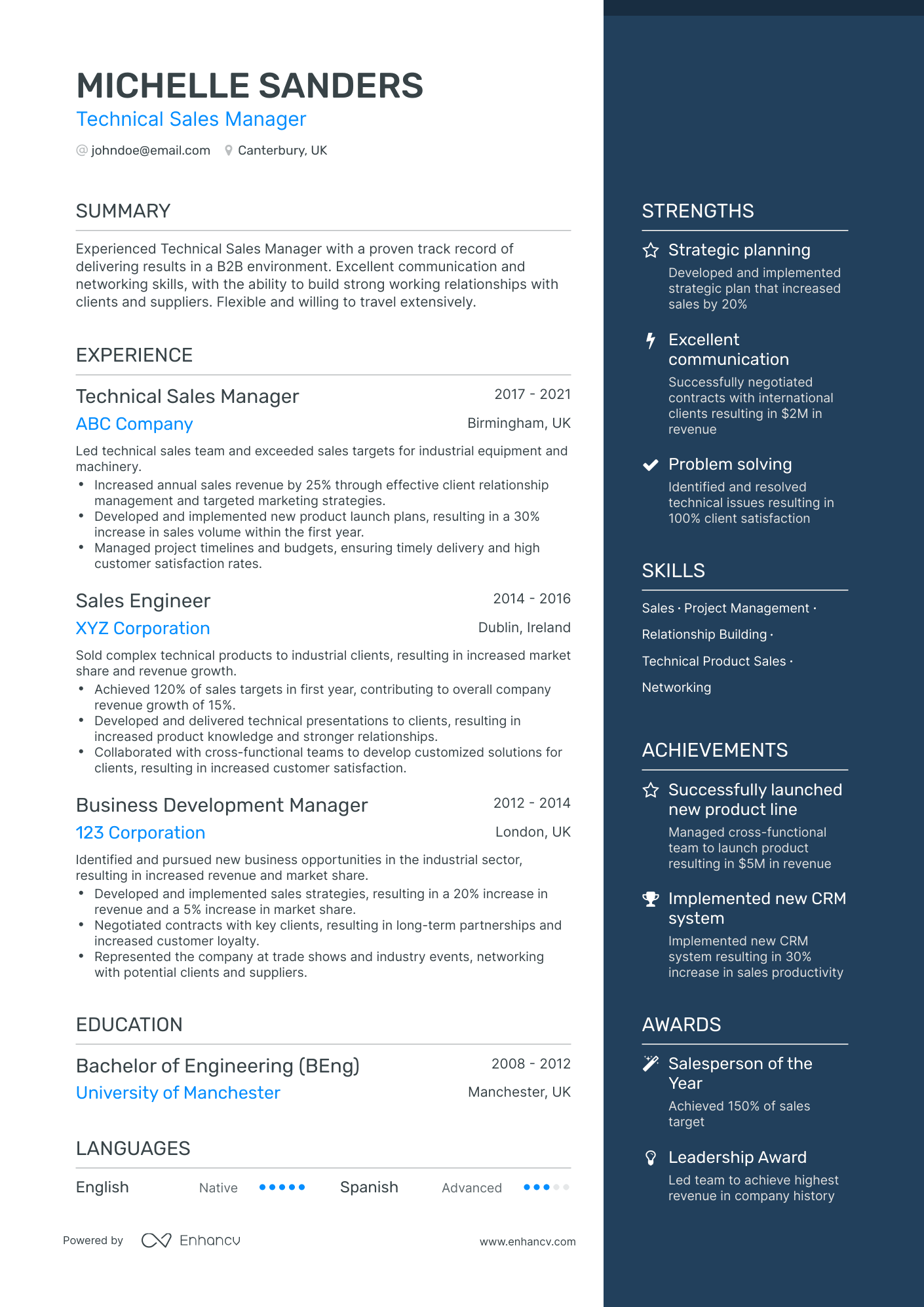 One Page Technical Sales Manager Resume Template