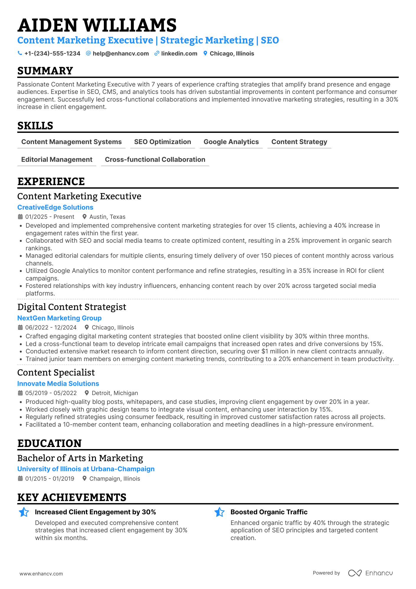A resume example of a Content Marketing Executive