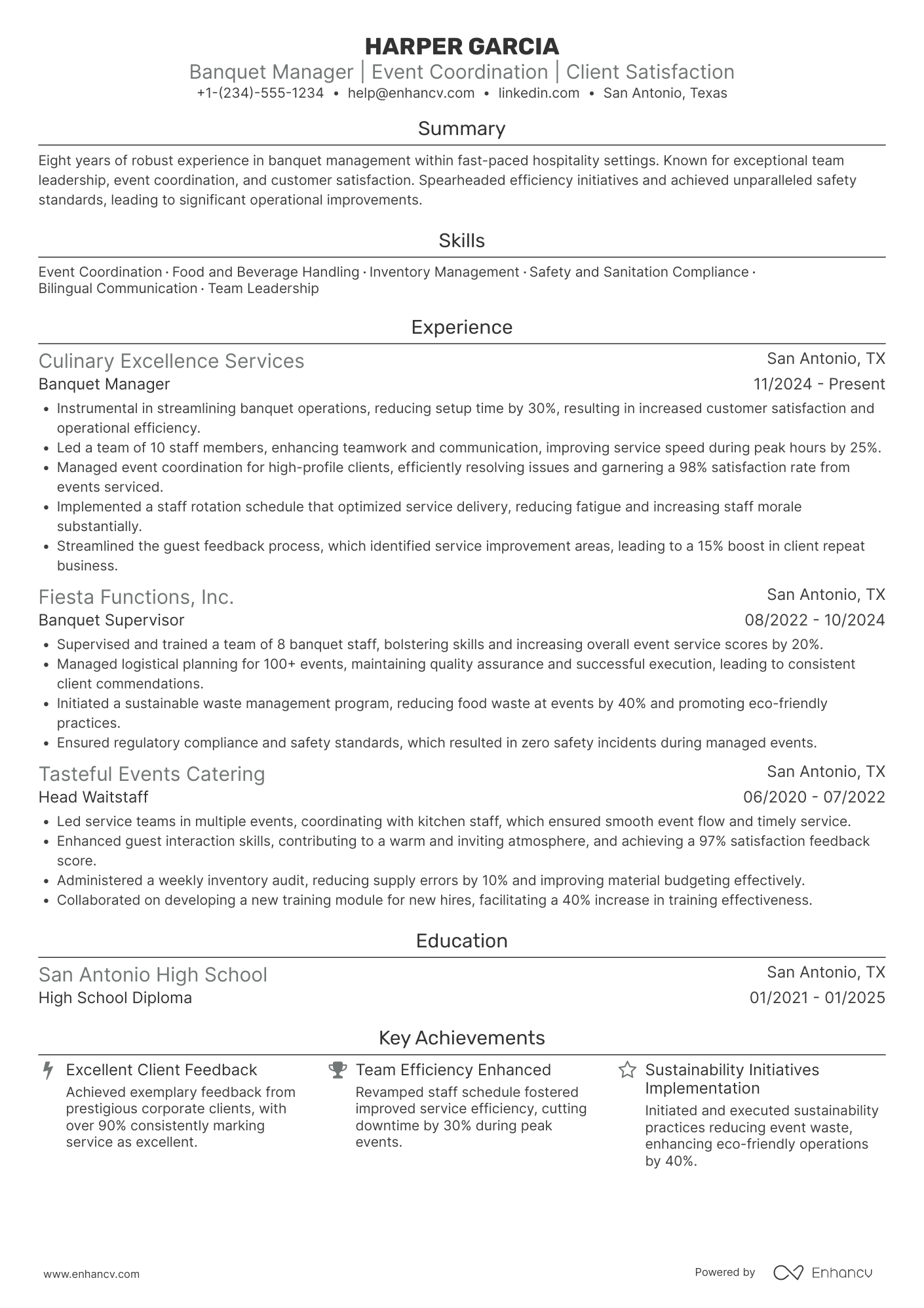 A resume example of a Banquet Waitress