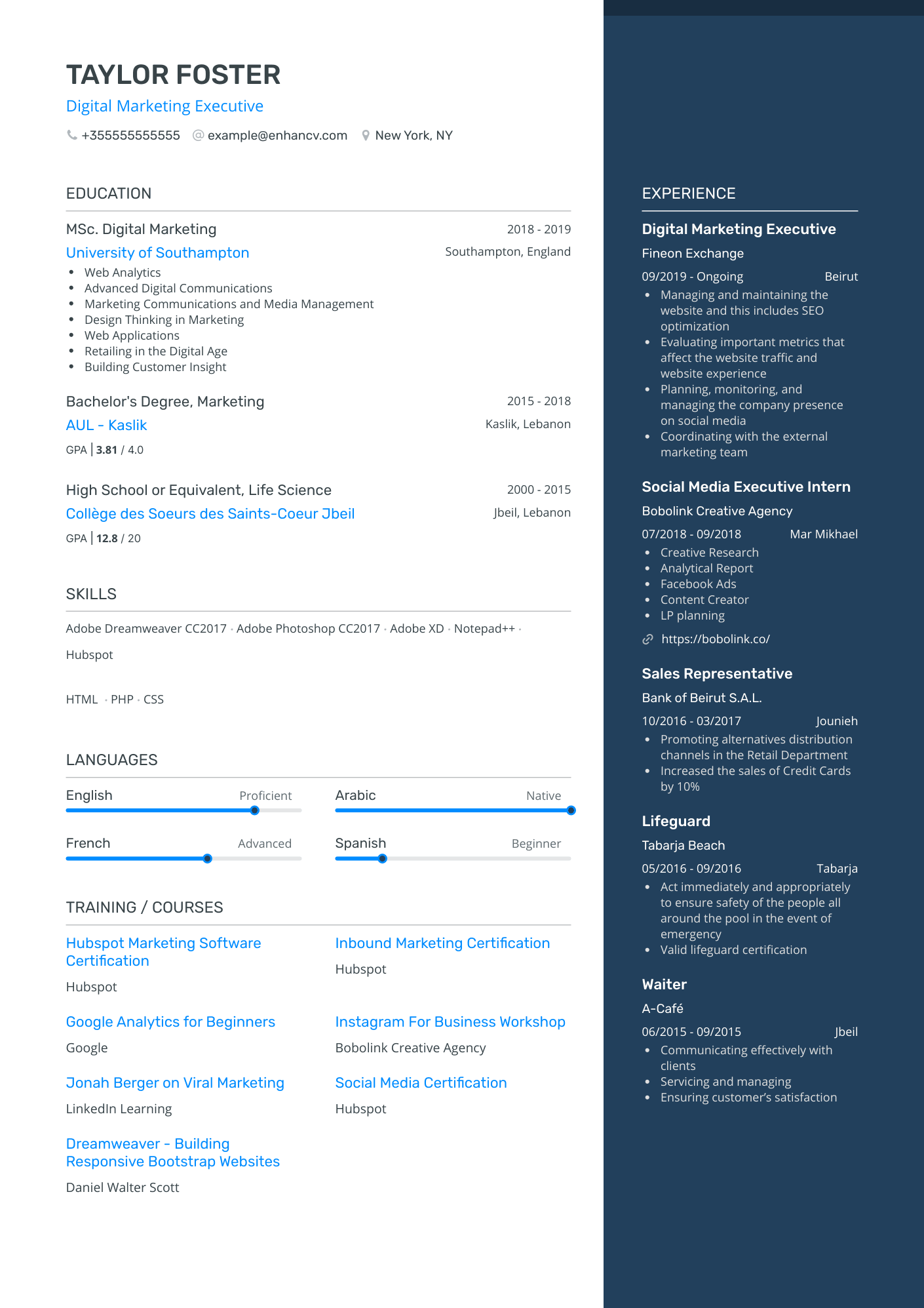One Page Digital Marketing Executive Resume Template