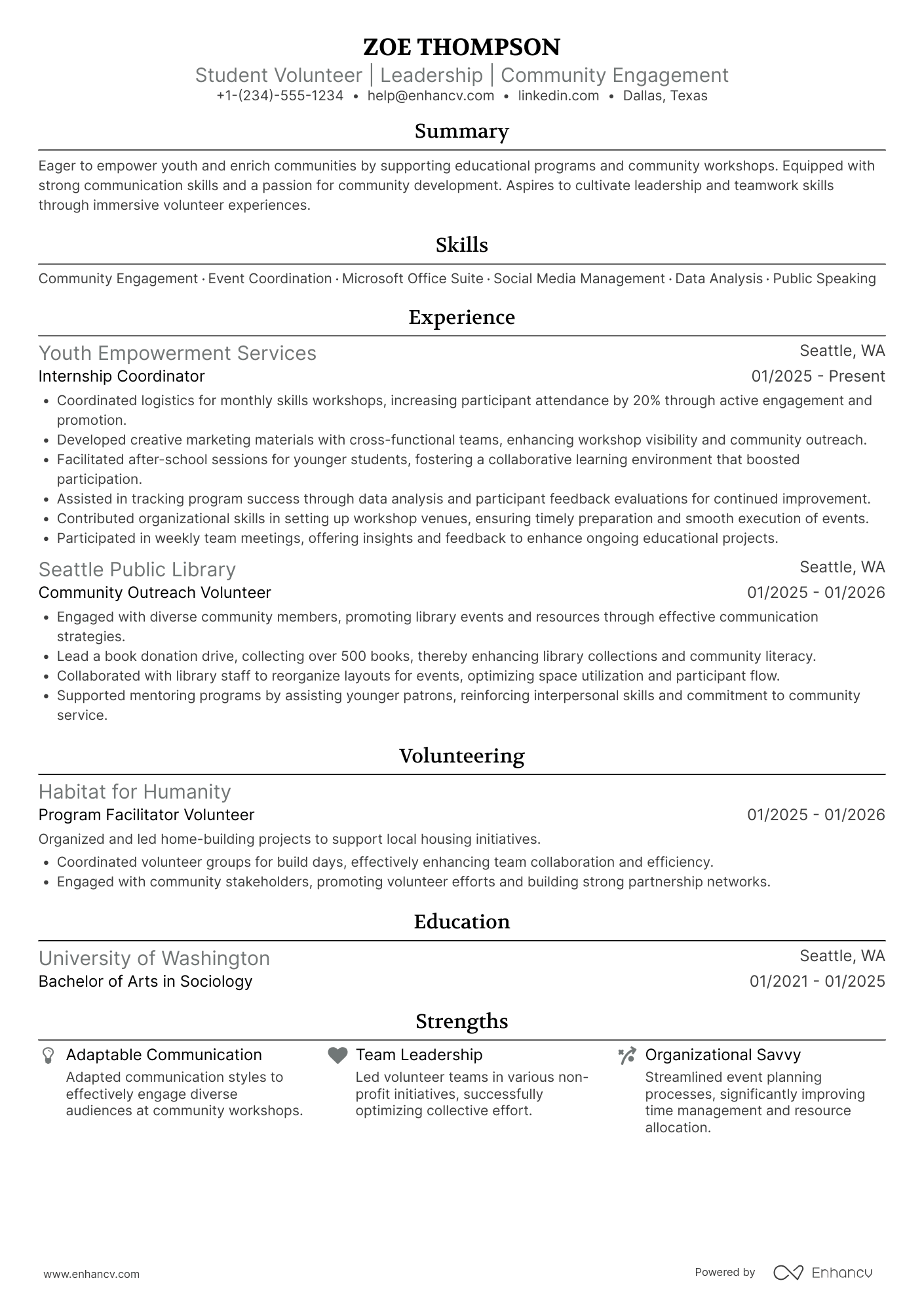 A resume example of a High School Student Volunteer