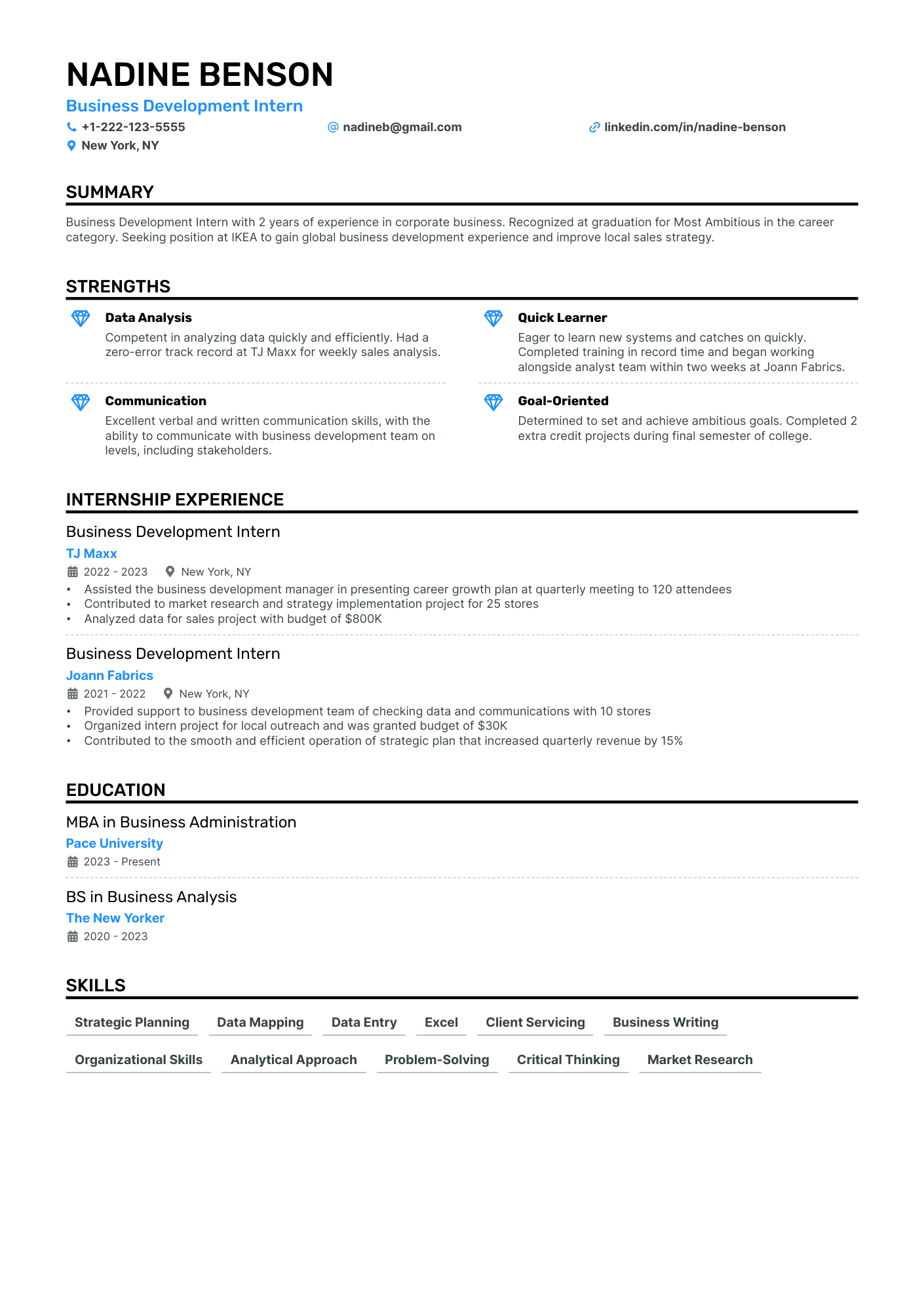 resume format for experienced business development executive