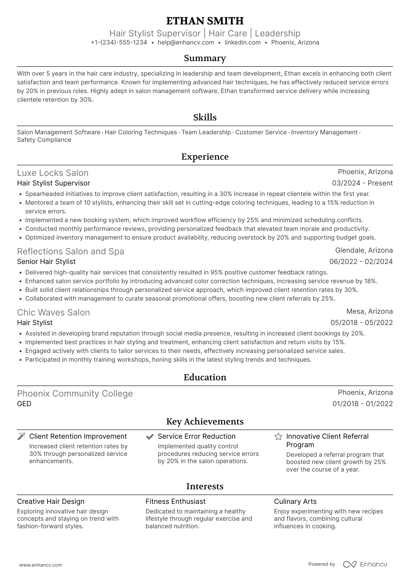 A resume example of a Hair Stylist Supervisor
