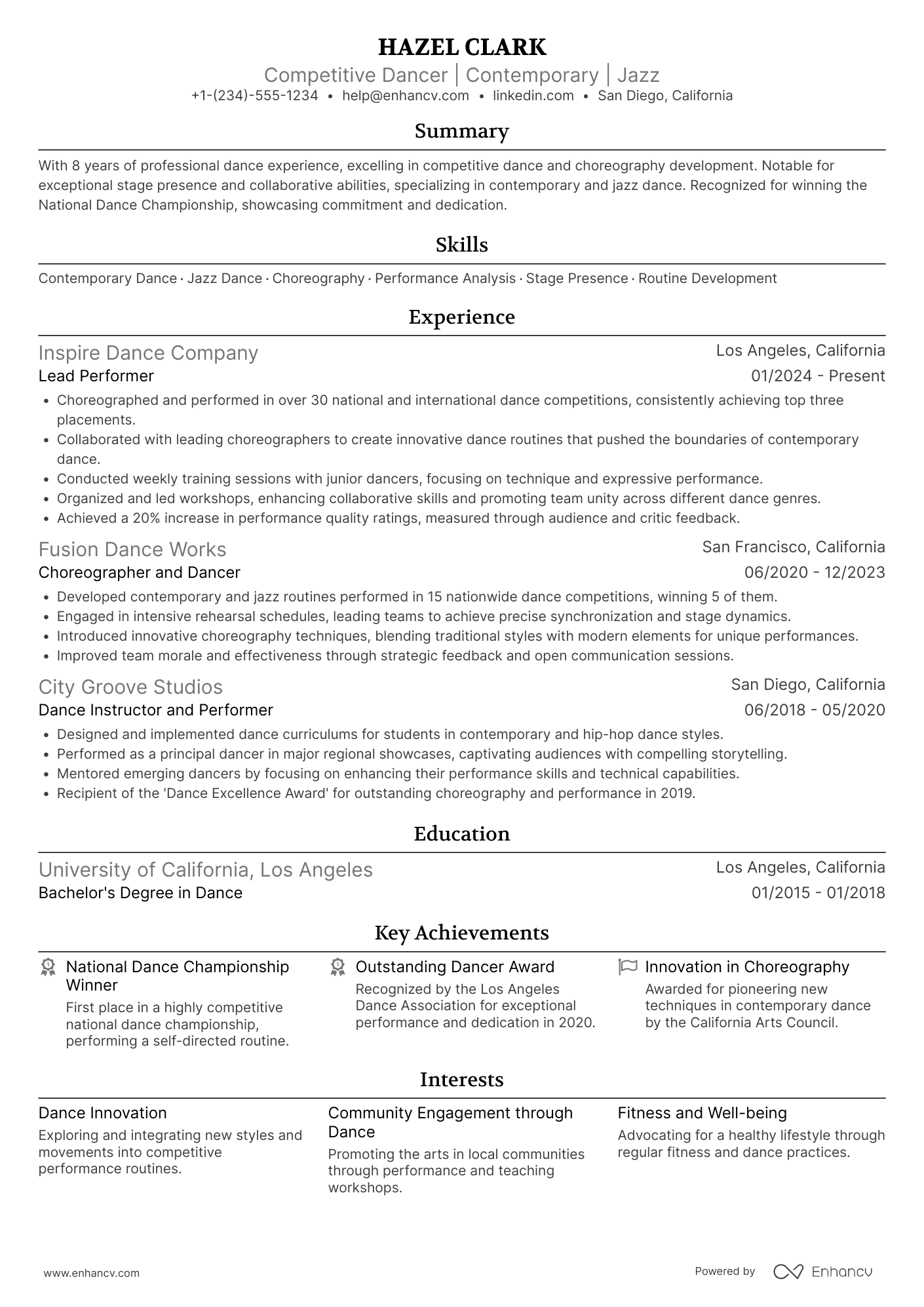 A resume example of a Competitive Dancer