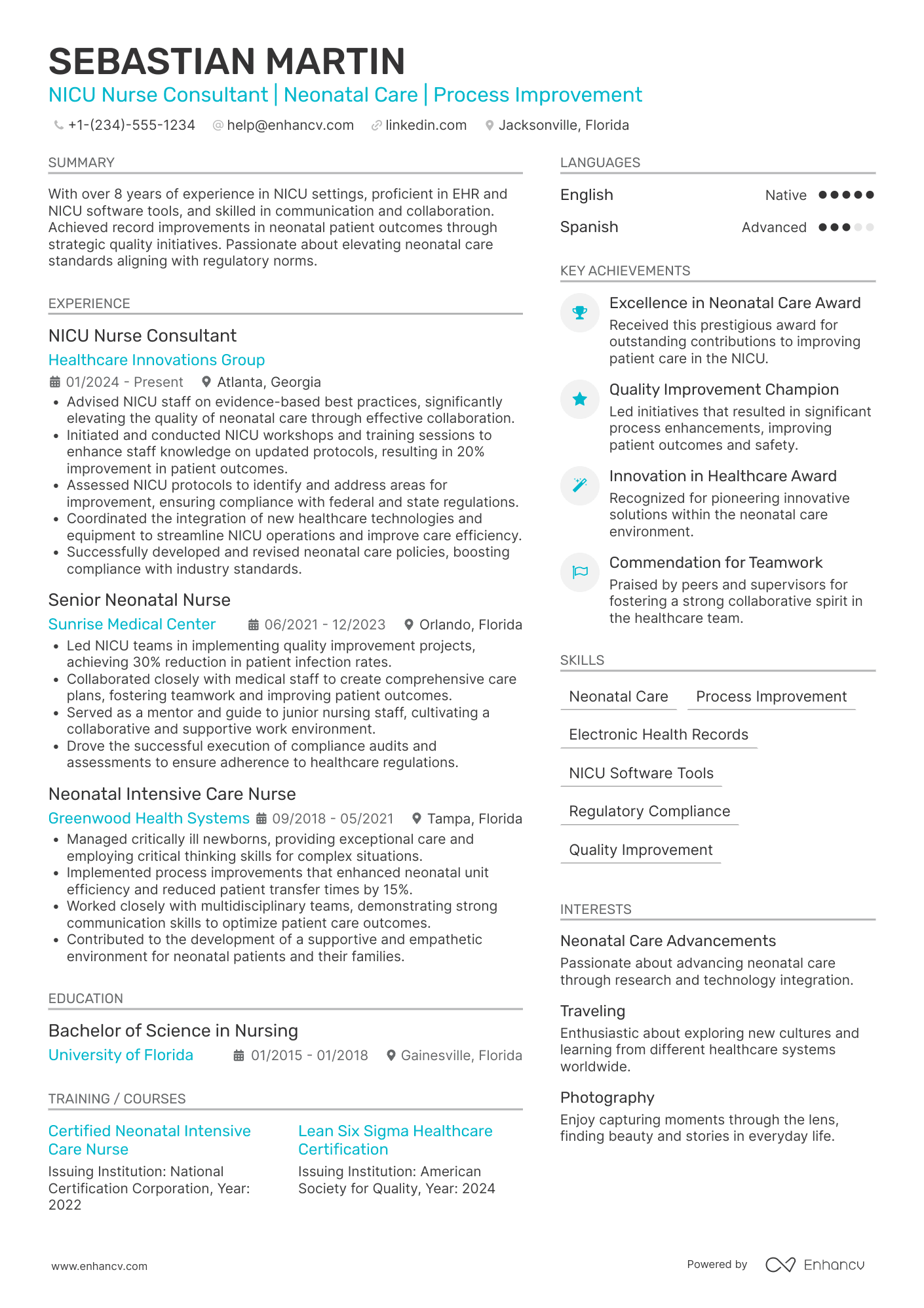 A resume example of a NICU Nurse Consultant