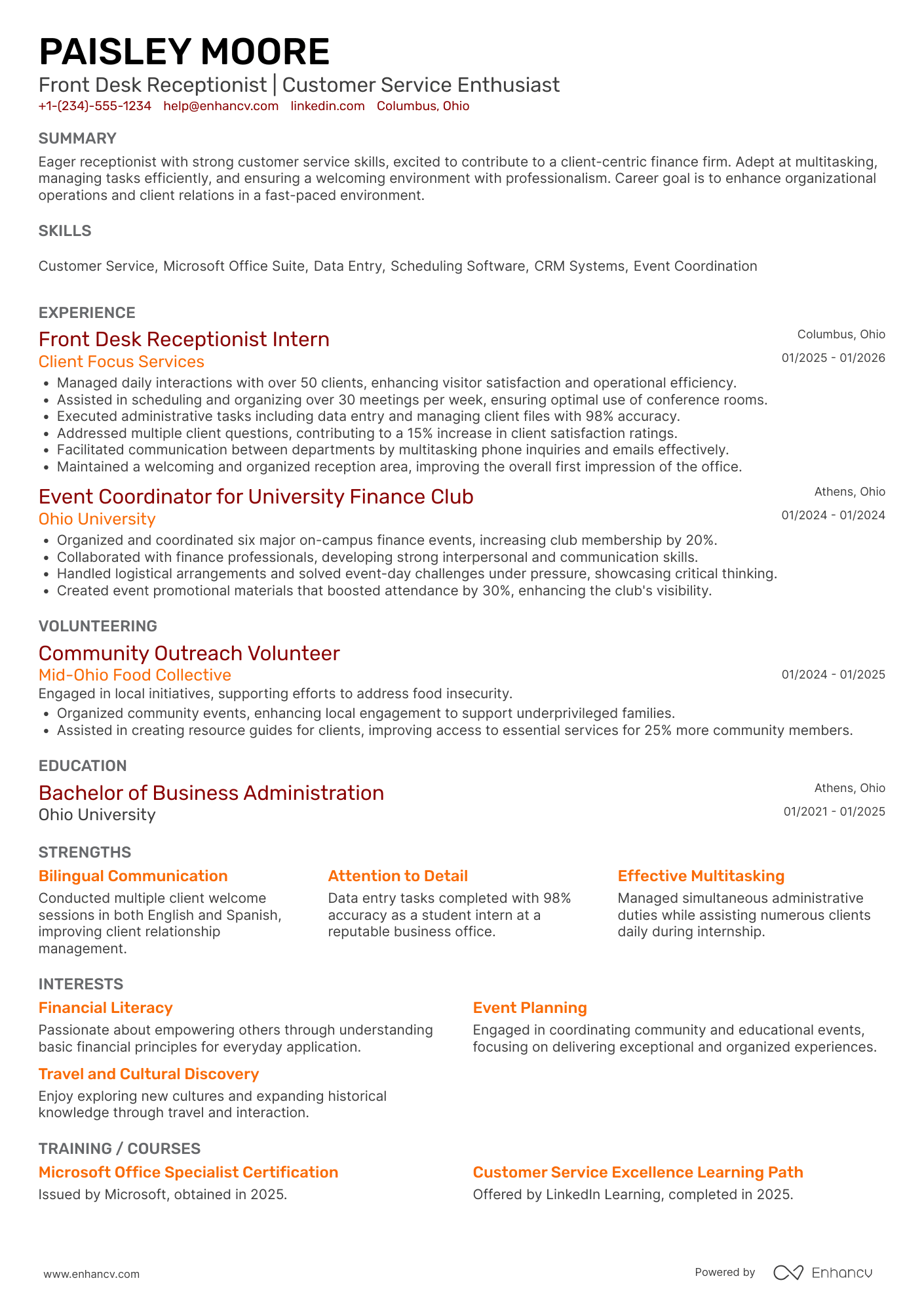 A resume example of a Entry Level Front Desk Receptionist