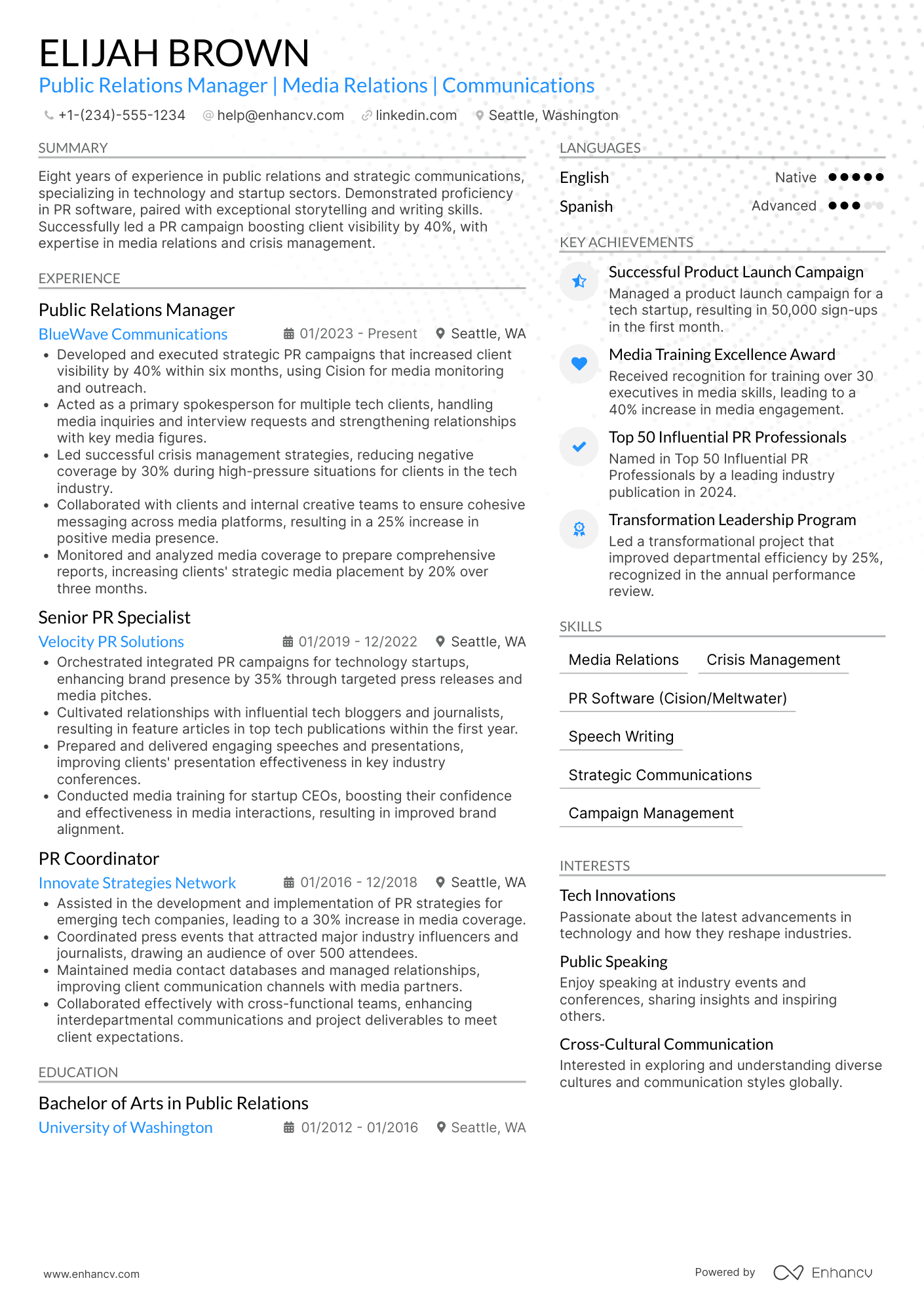 A resume example of a Public Relations Manager