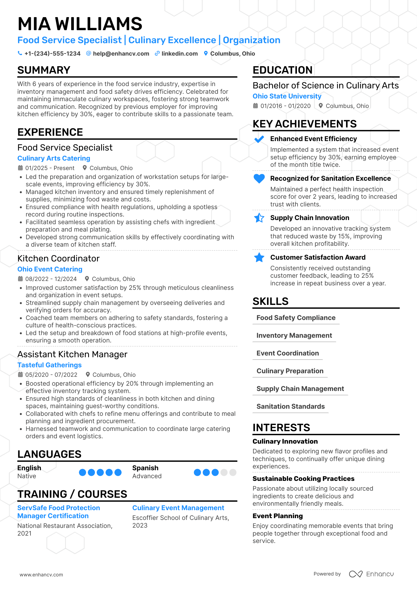 A resume example of a Food Service Orderly