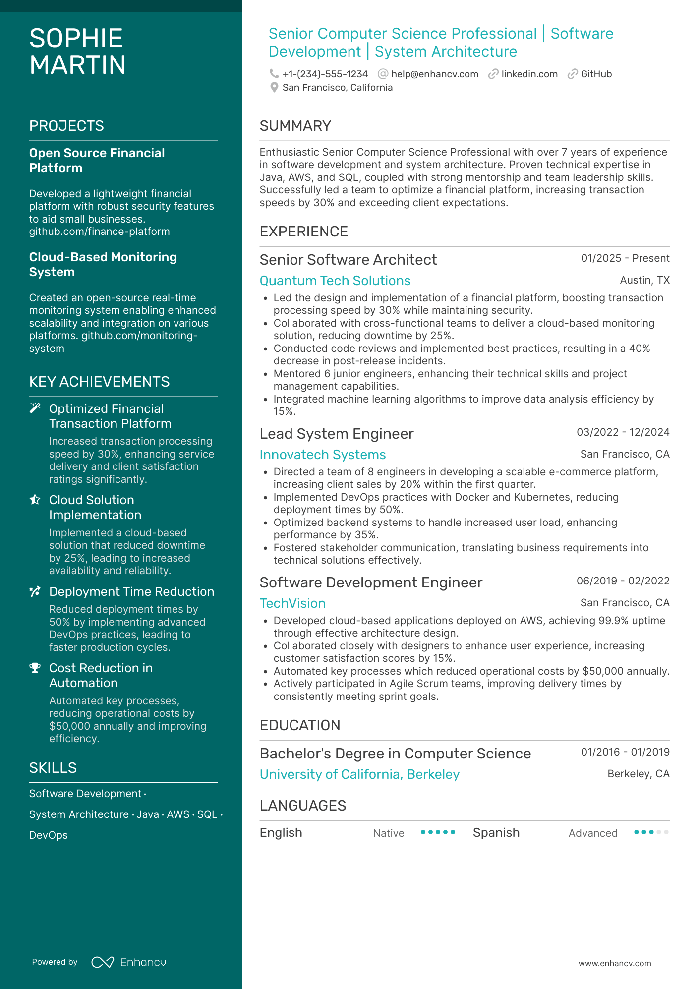 A resume example of a Senior Computer Science Professional