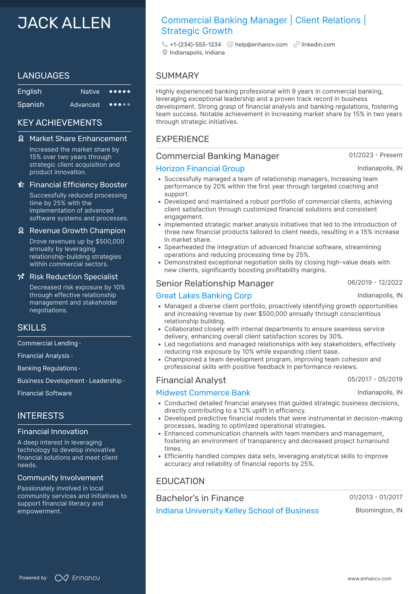 A resume example of a Commercial Bank Manager