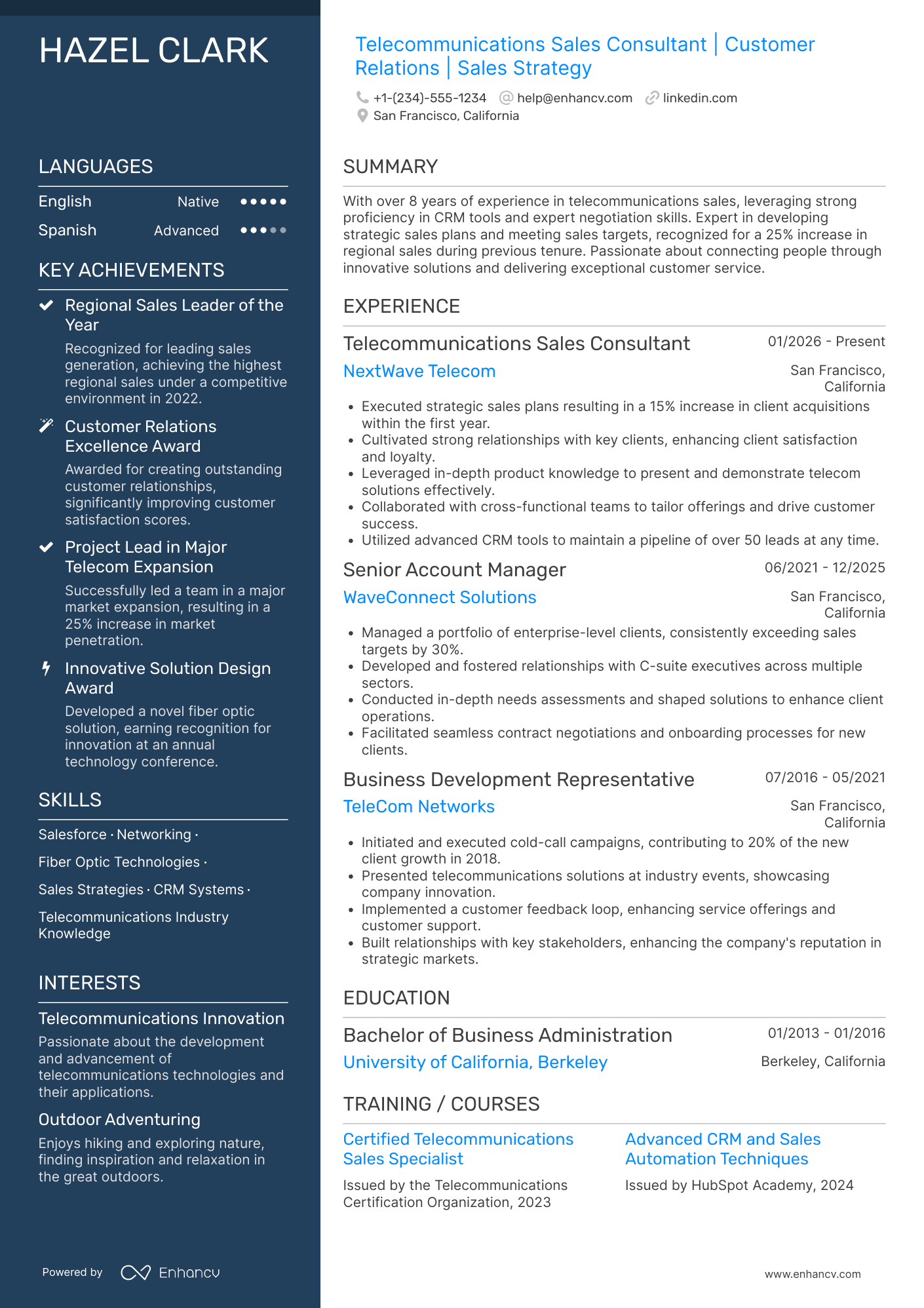 A resume example of a Telecommunications Sales Consultant