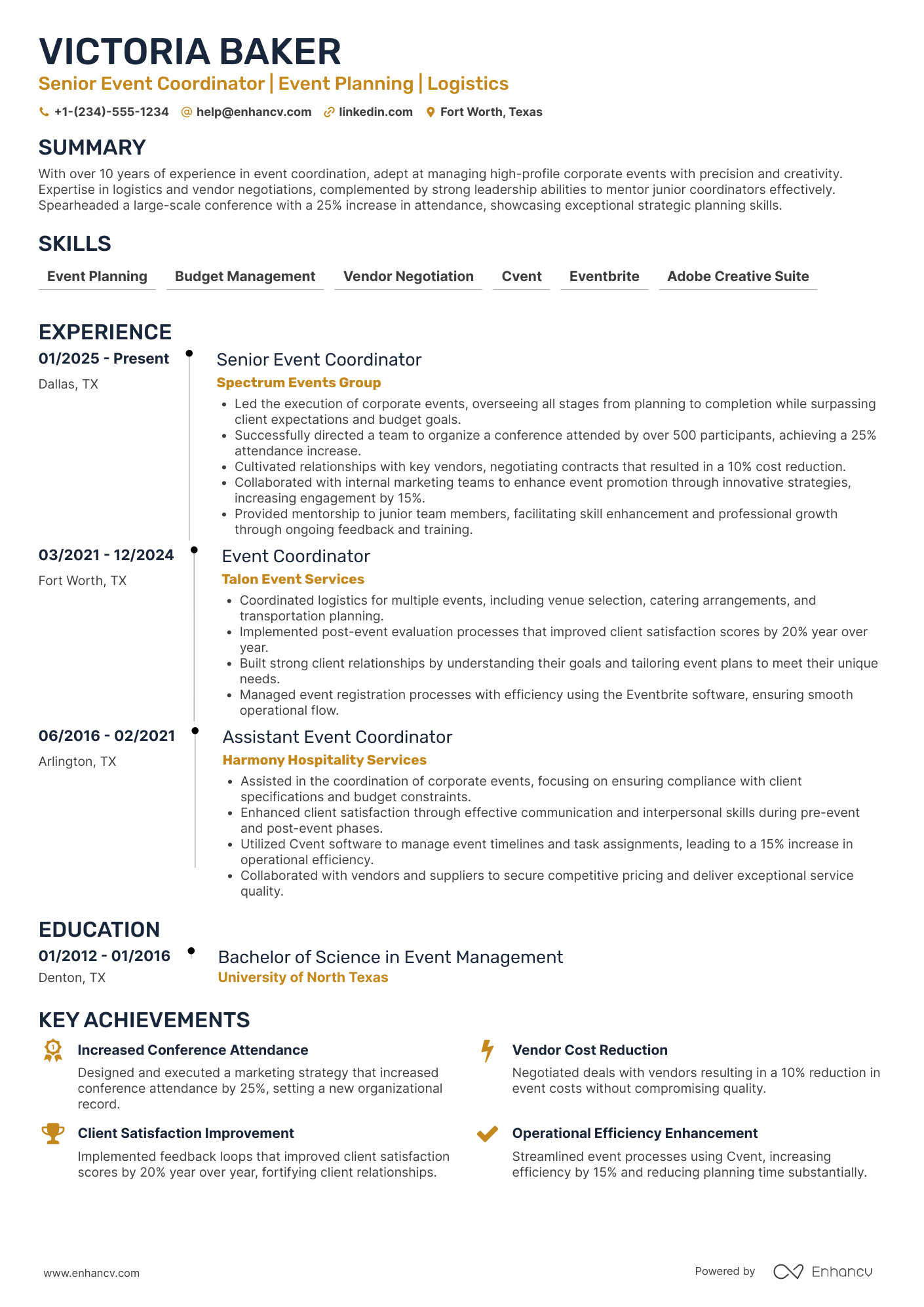 A resume example of a Senior Event Coordinator