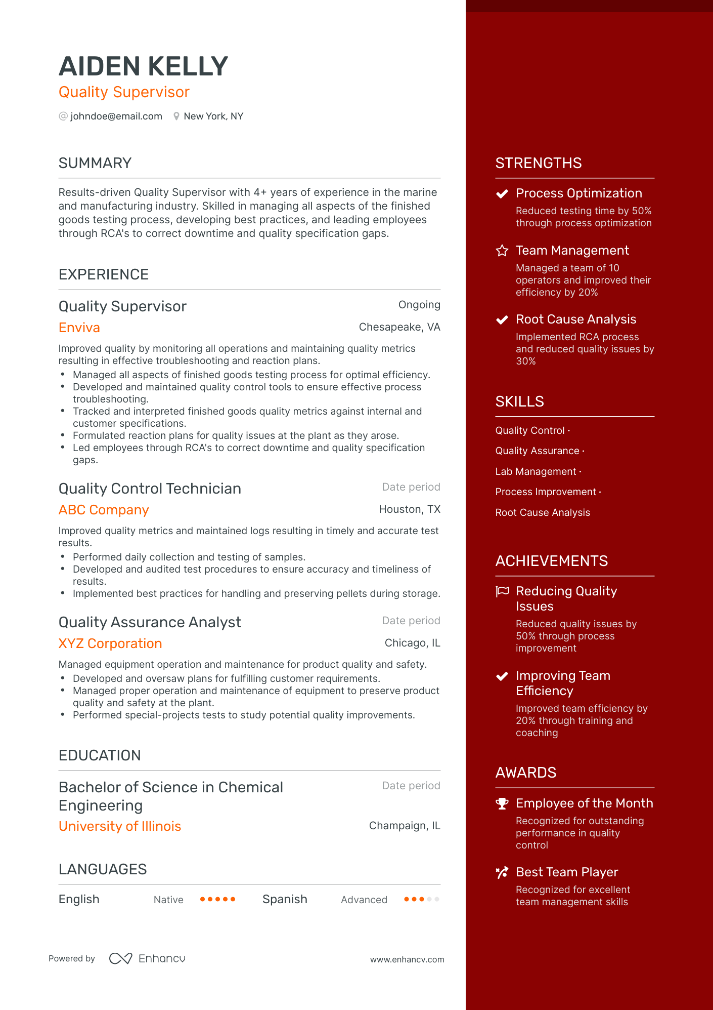 One Page Quality Supervisor Resume Template