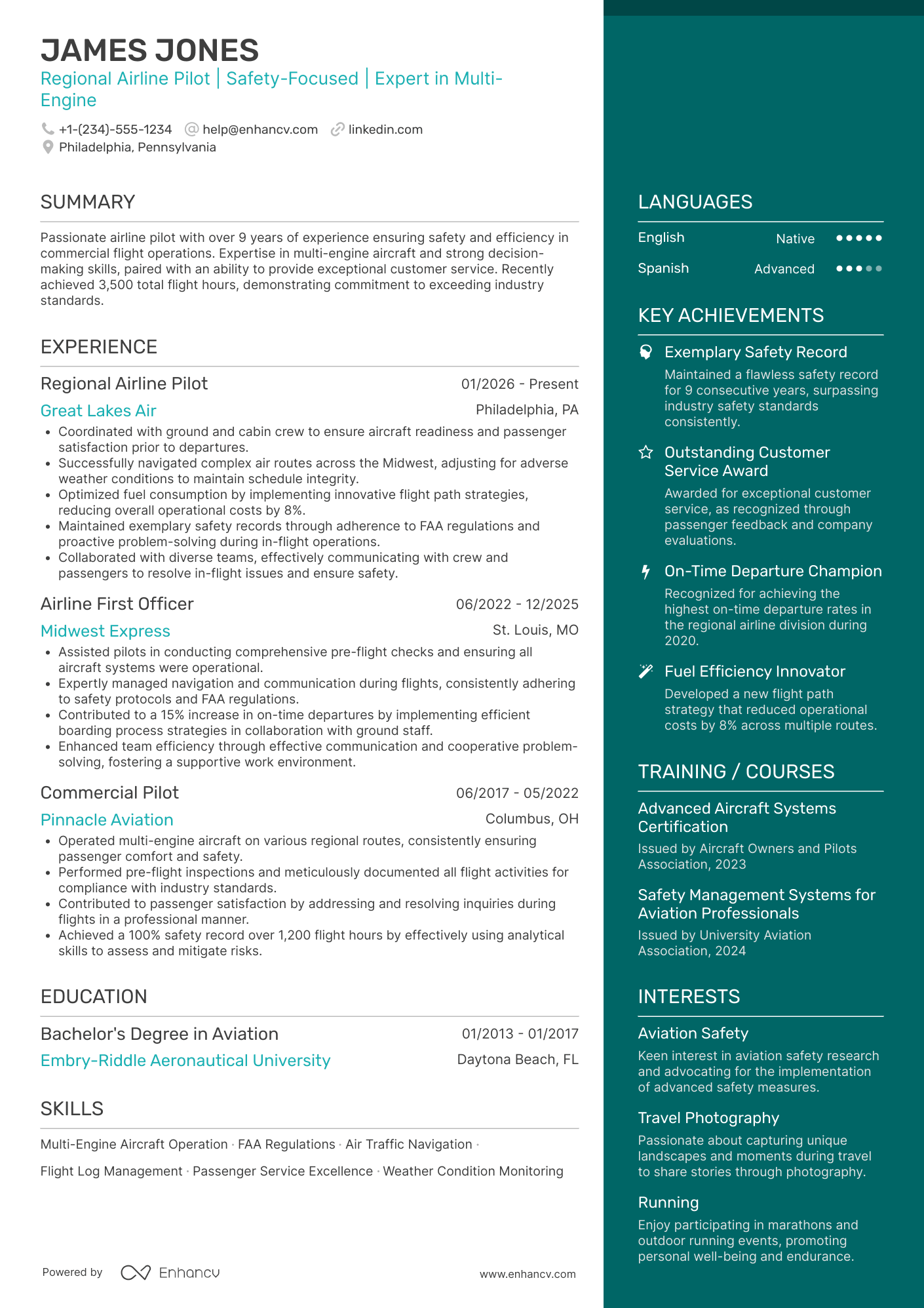 A resume example of a Regional Airline Pilot