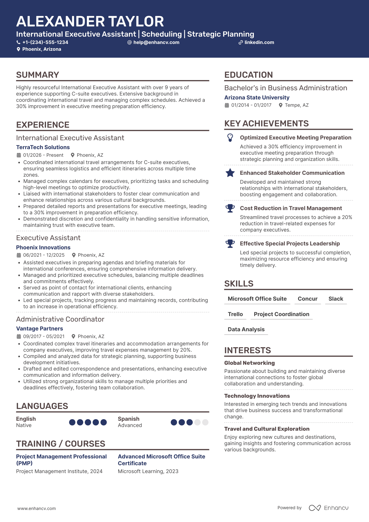 A resume example of a International Executive Assistant