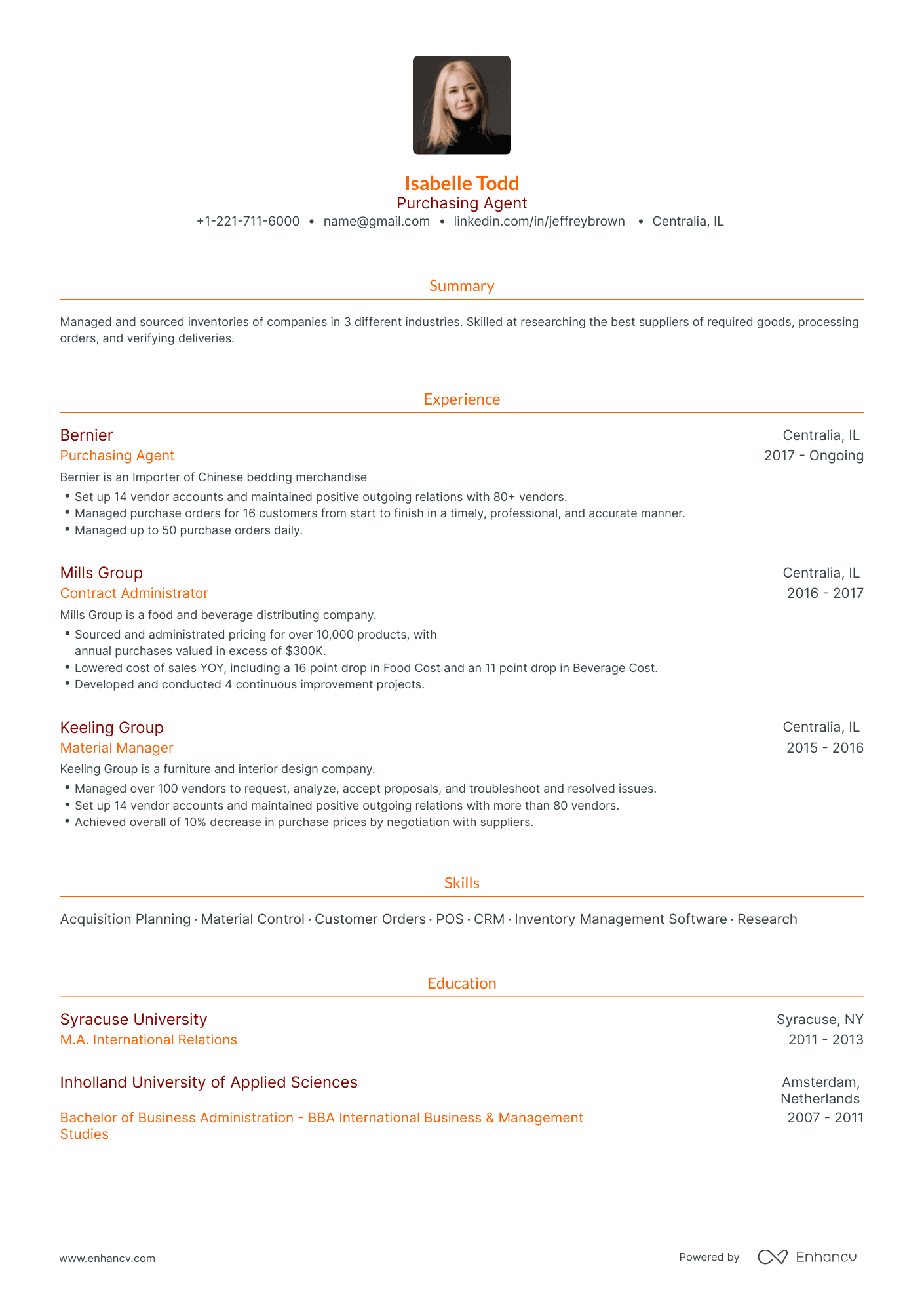 Traditional Purchasing Agent Resume Template