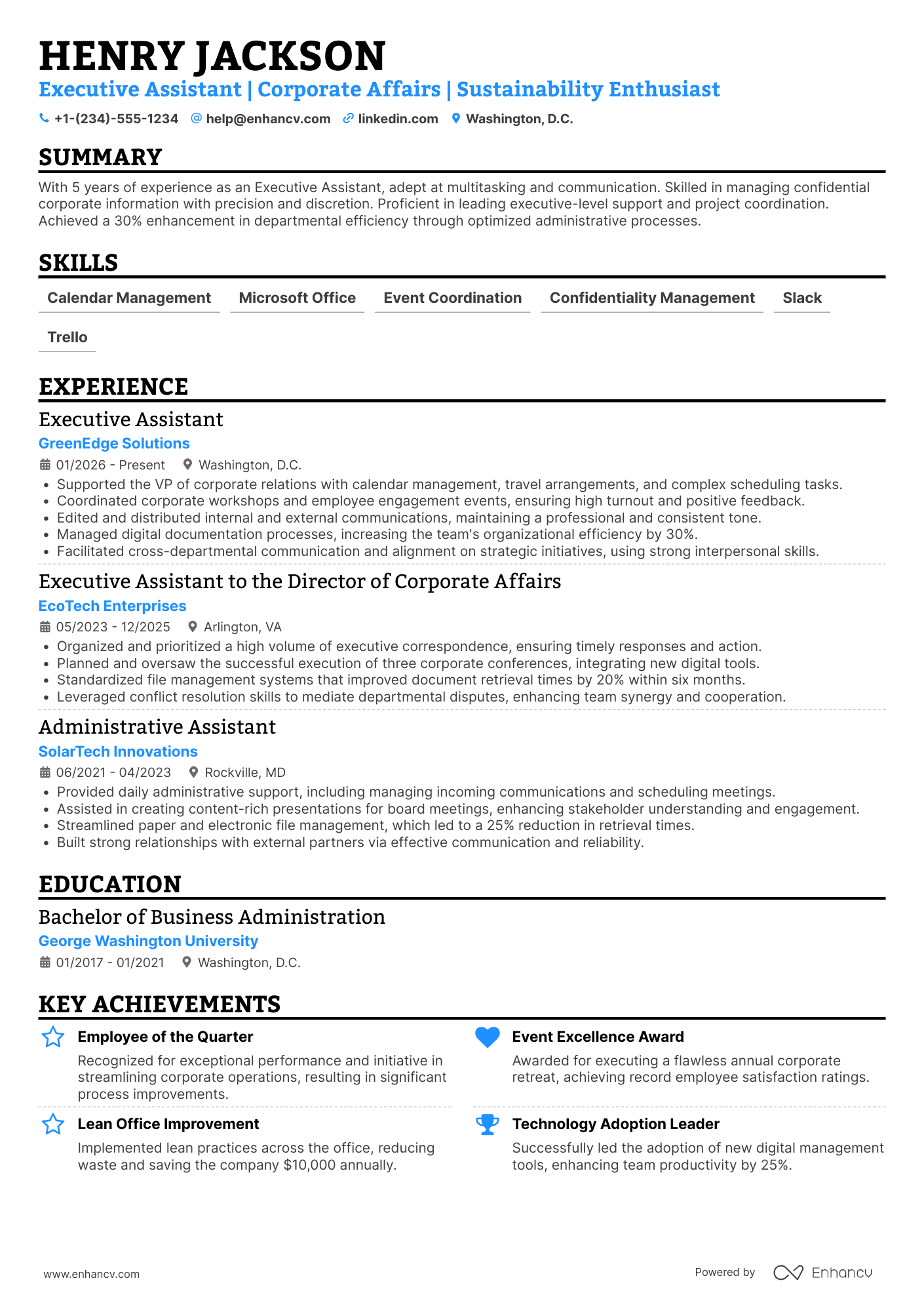 A resume example of a Executive Assistant for Corporate Affairs
