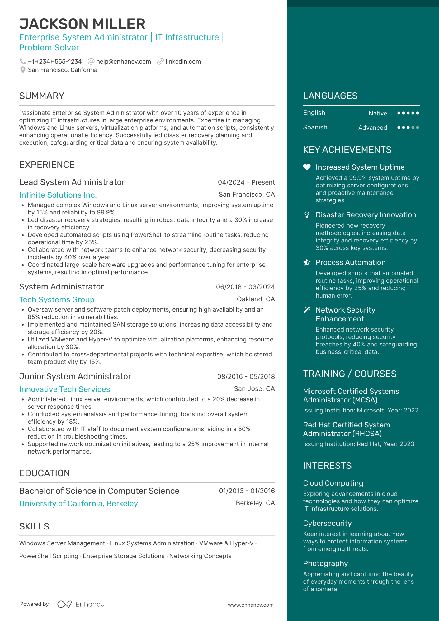 A resume example of a Enterprise System Administrator