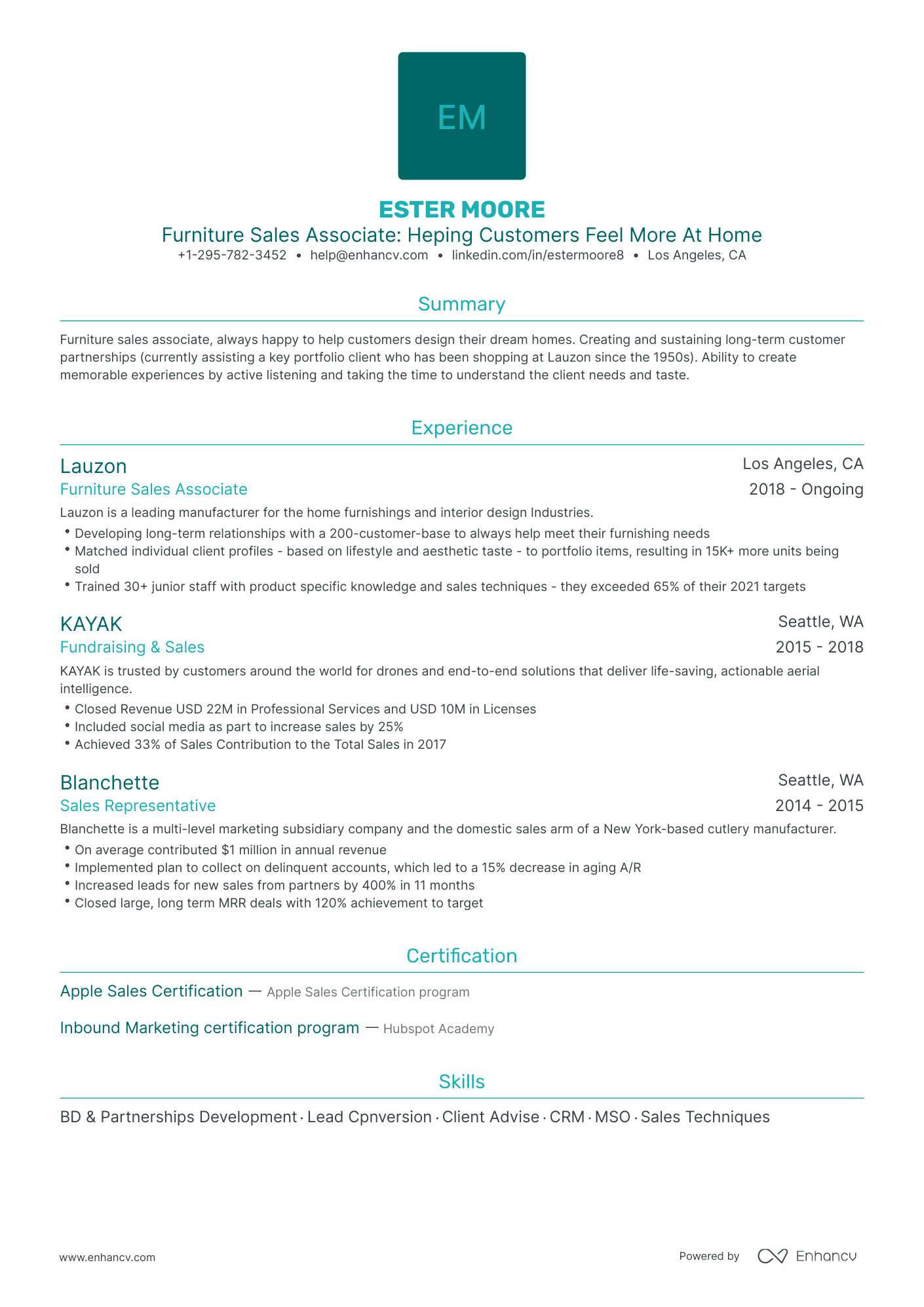 Traditional Furniture Sales Resume Template