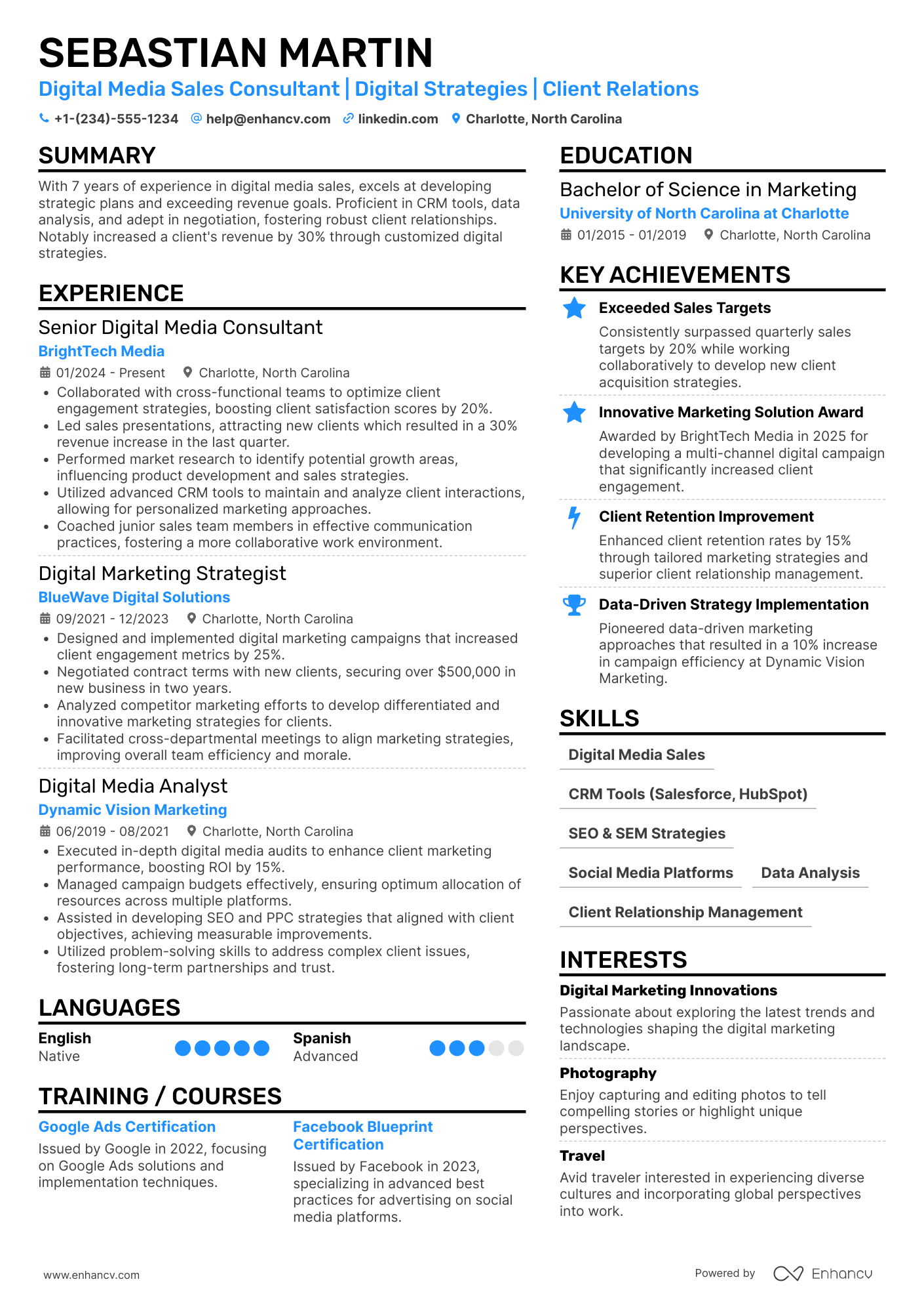 A resume example of a Digital Media Sales Consultant