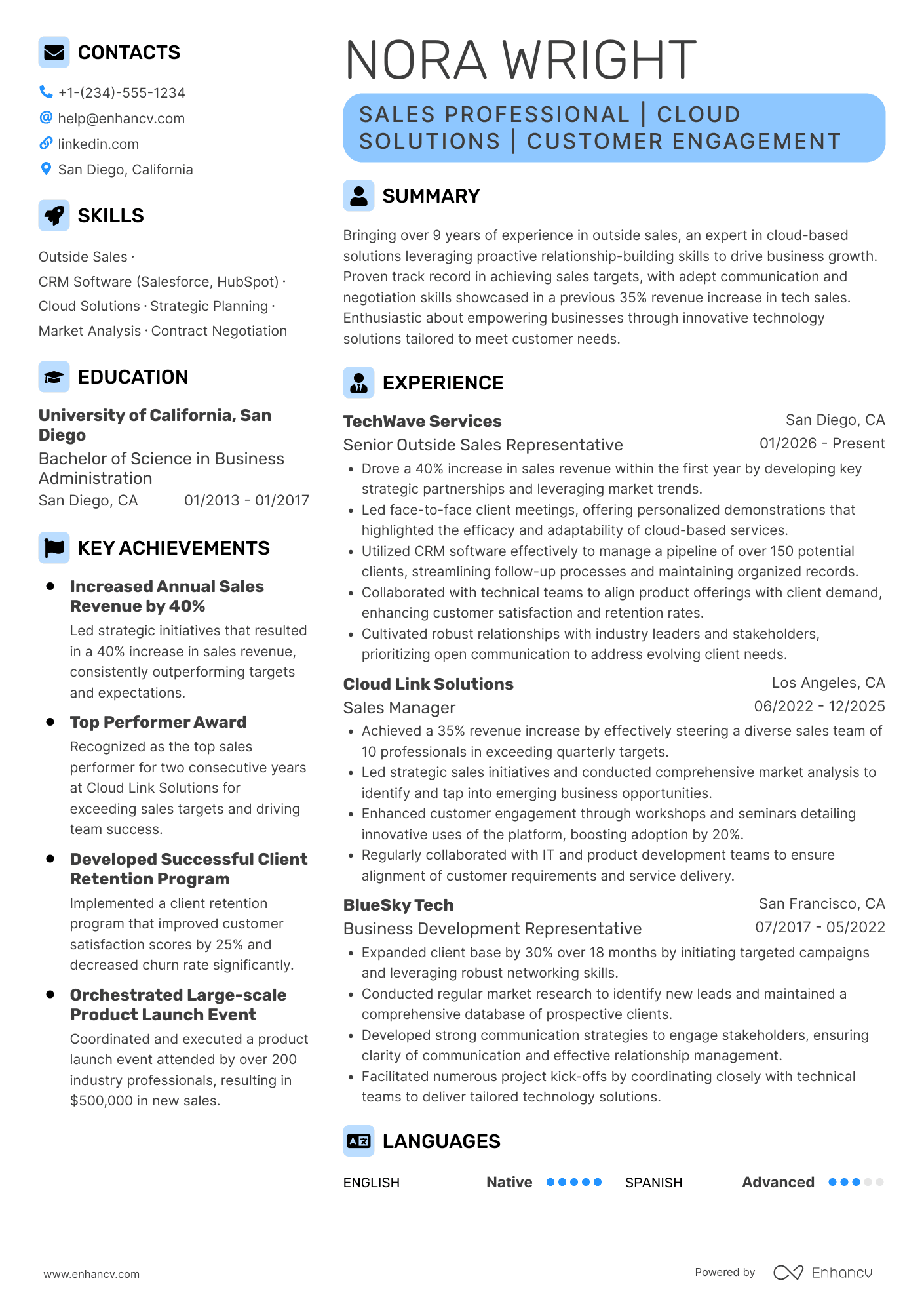 A resume example of a Outside Sales