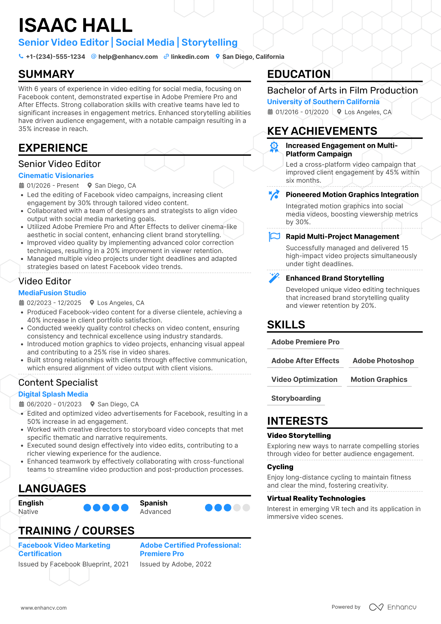 A resume example of a Facebook Video Editor