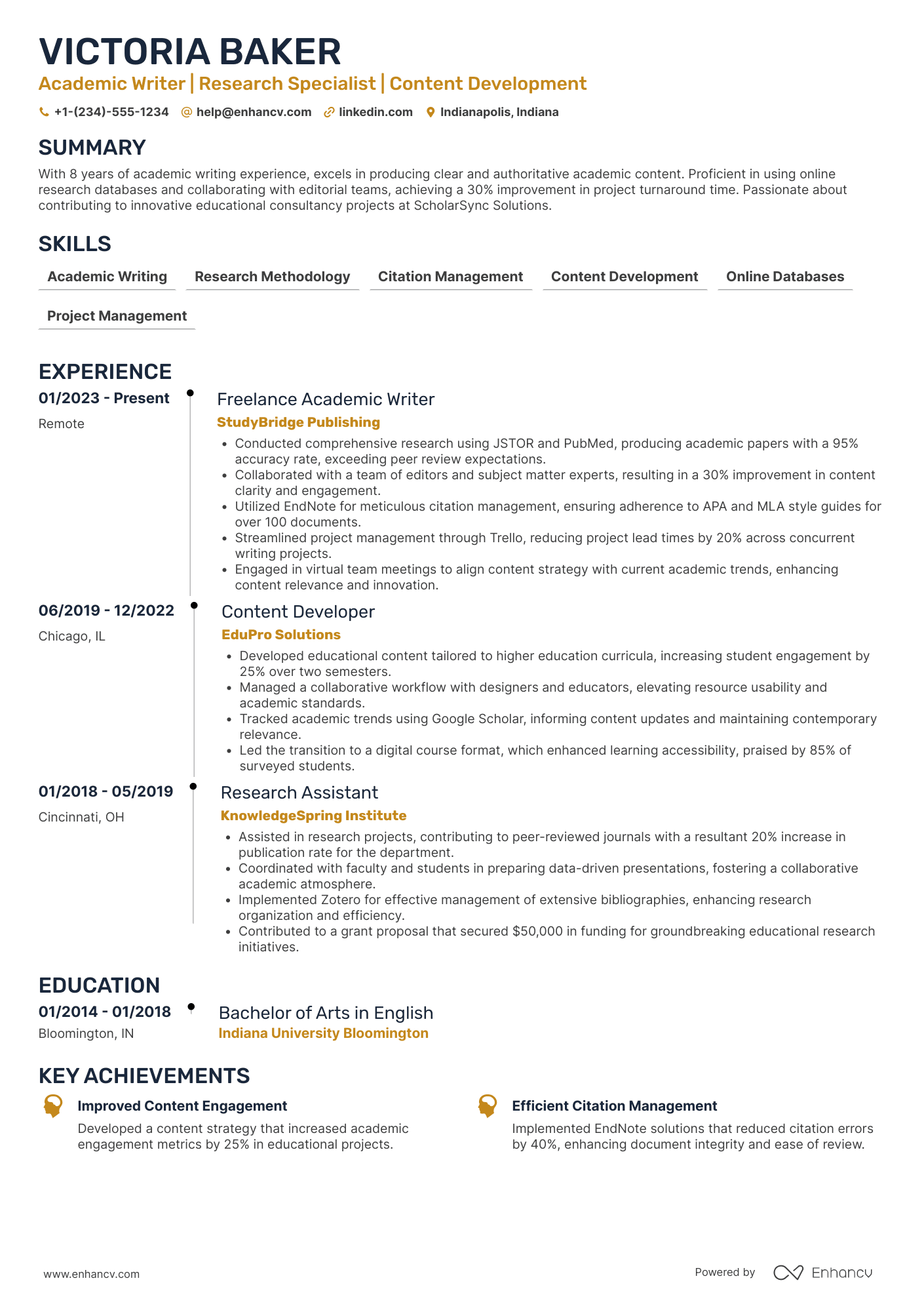 A resume example of a Freelance Academic Writer
