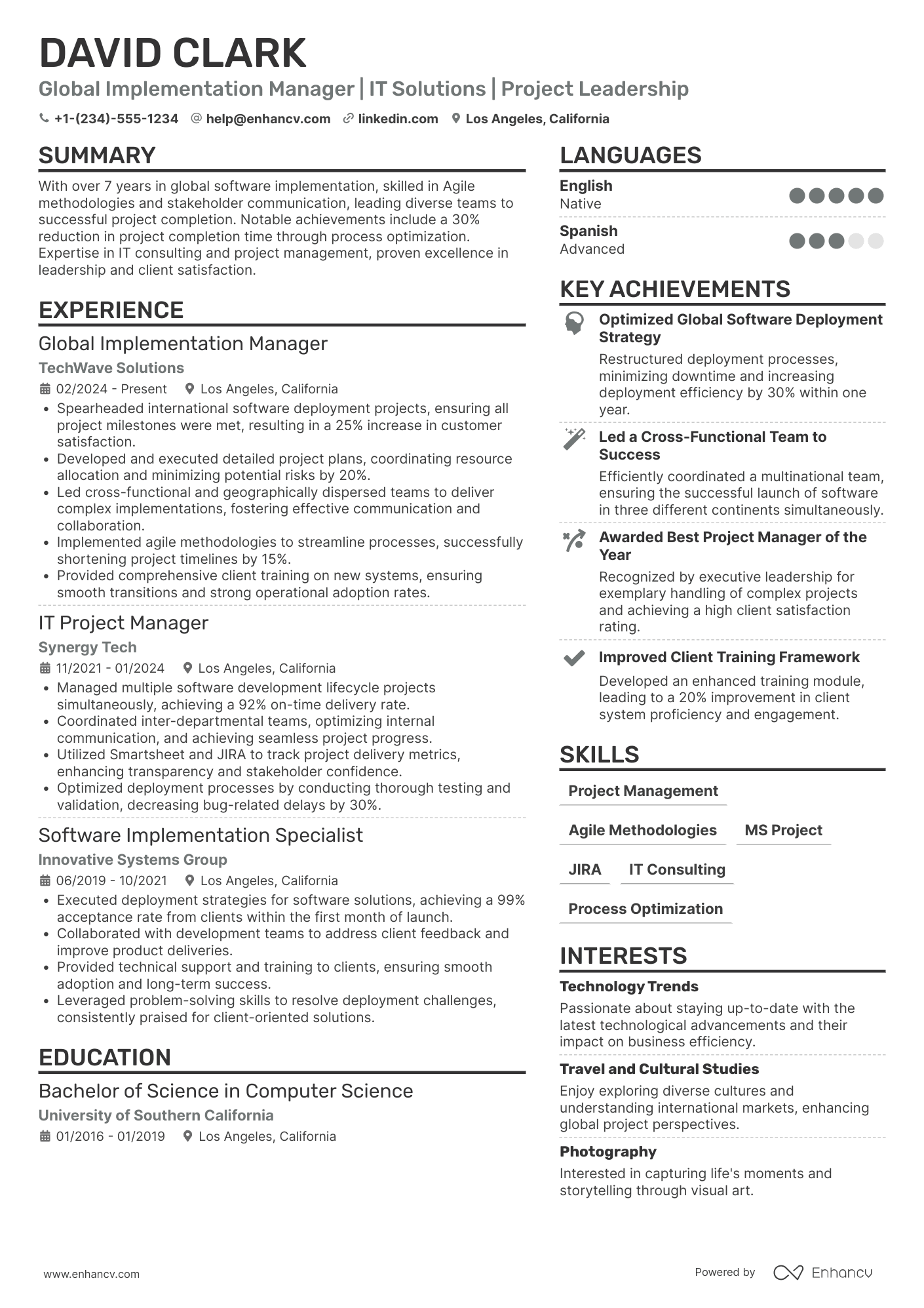 A resume example of a Global Implementation Manager
