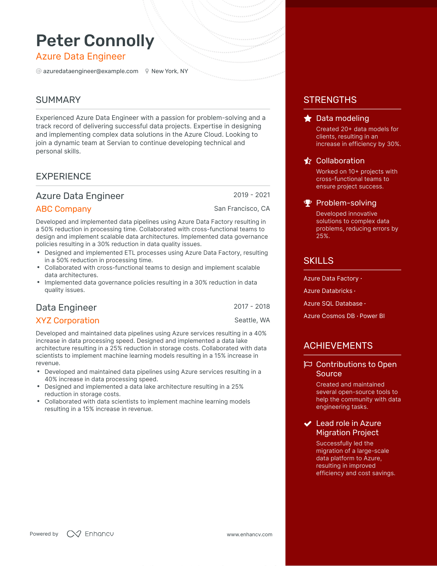 One Page Azure Data Engineer Resume Template