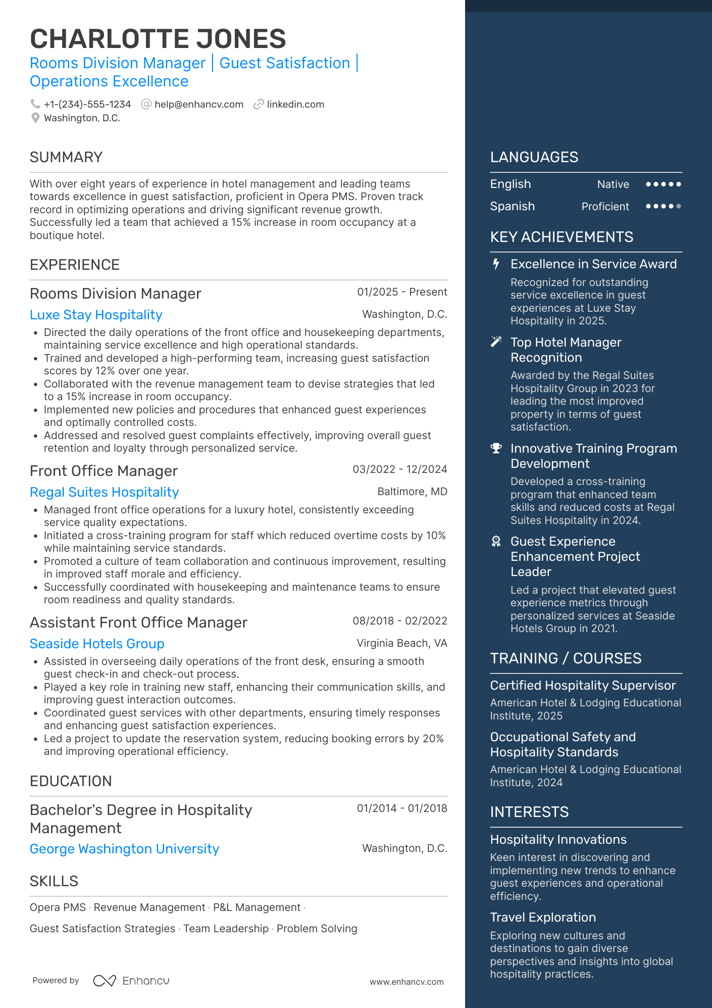 A resume example of a Rooms Division Manager