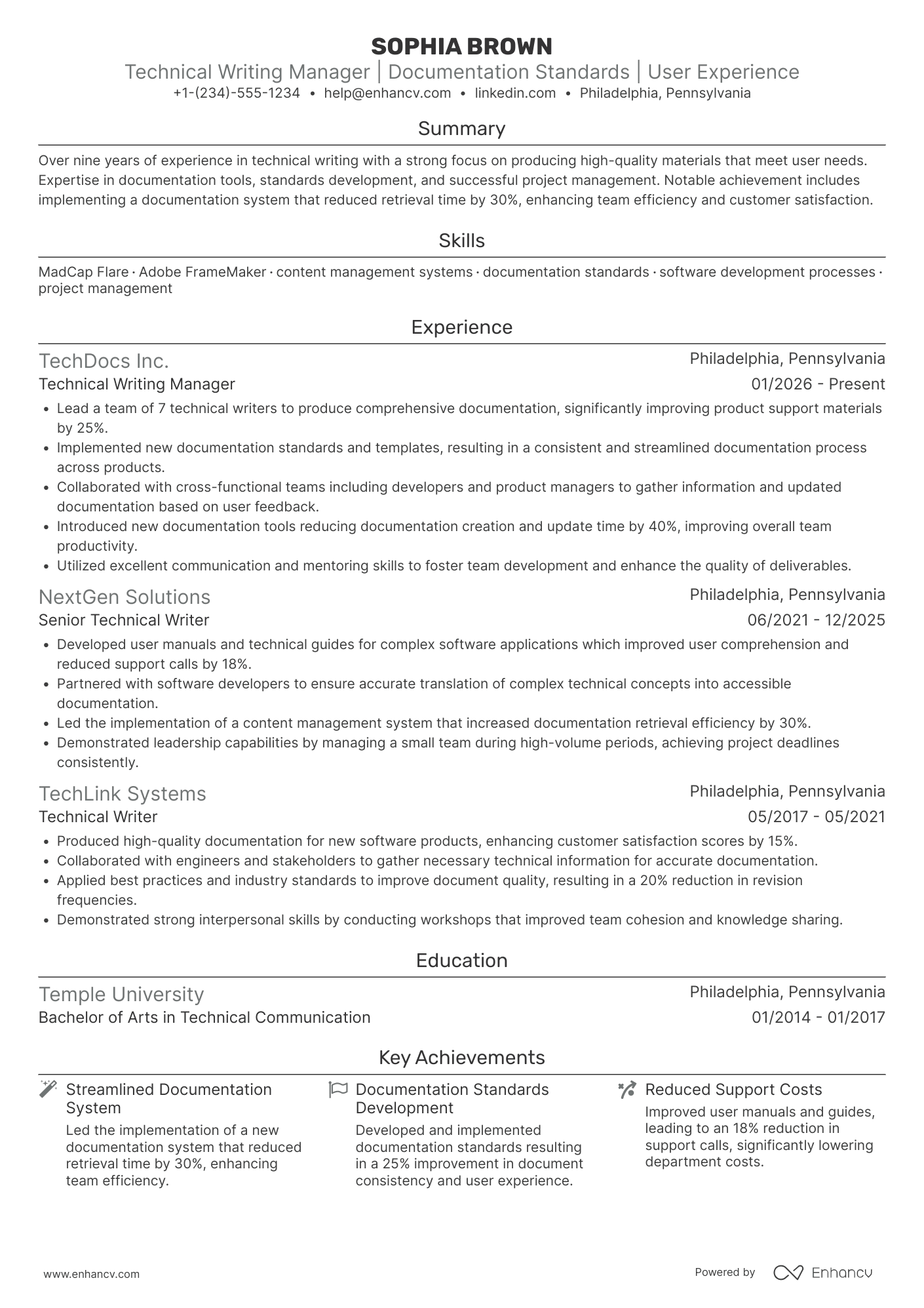 A resume example of a Technical Writing Manager