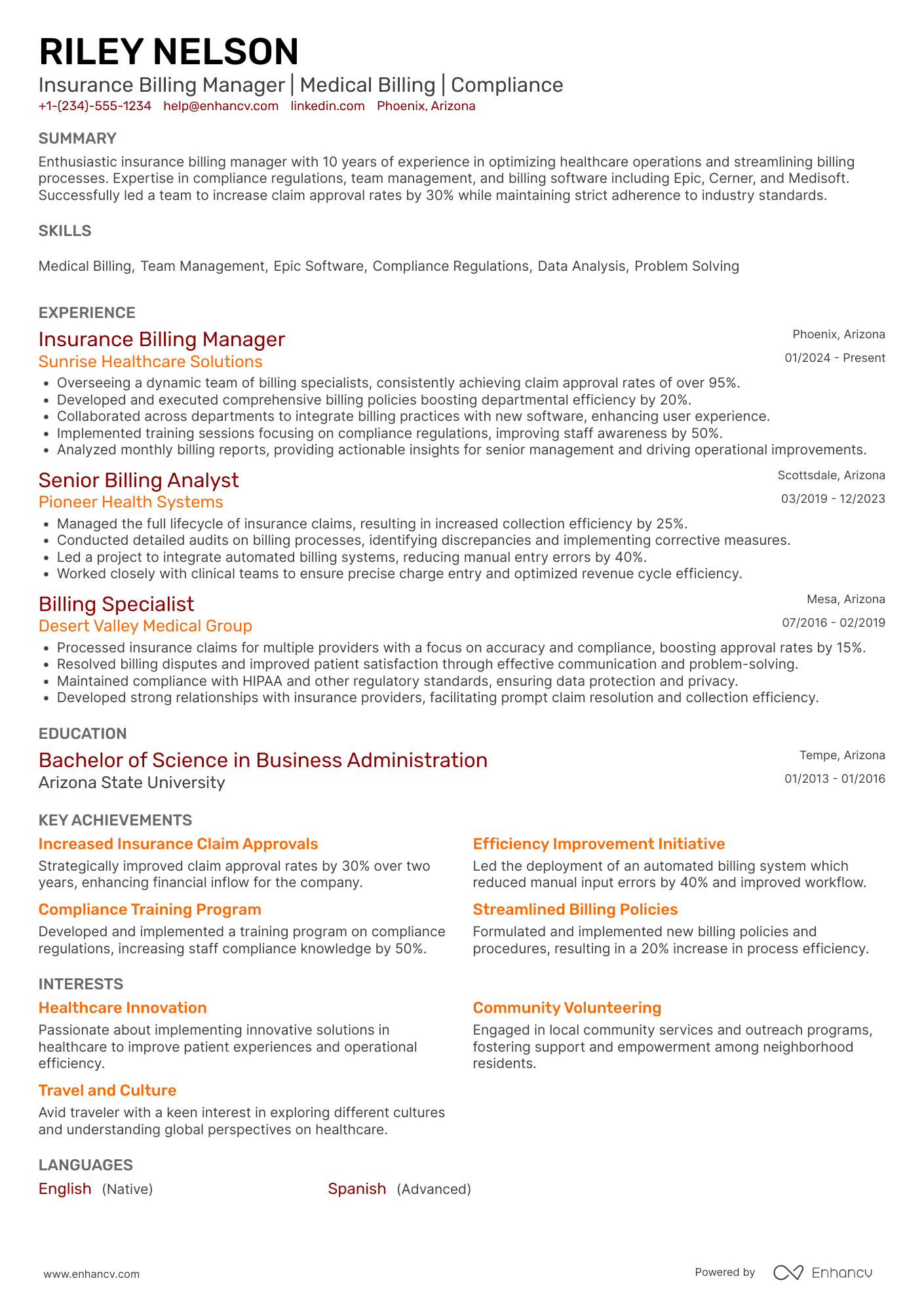 A resume example of a Insurance Billing Manager