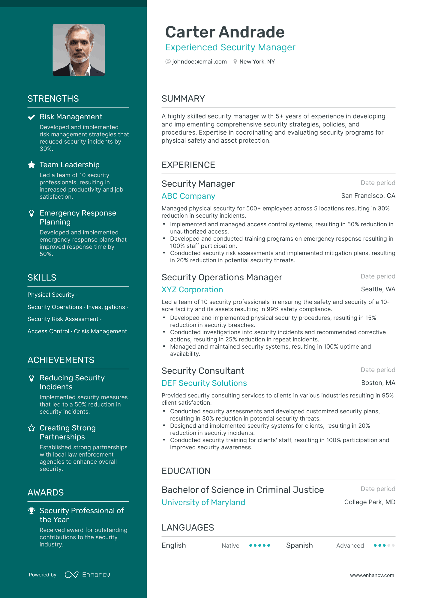 Polished Security Manager Resume Template