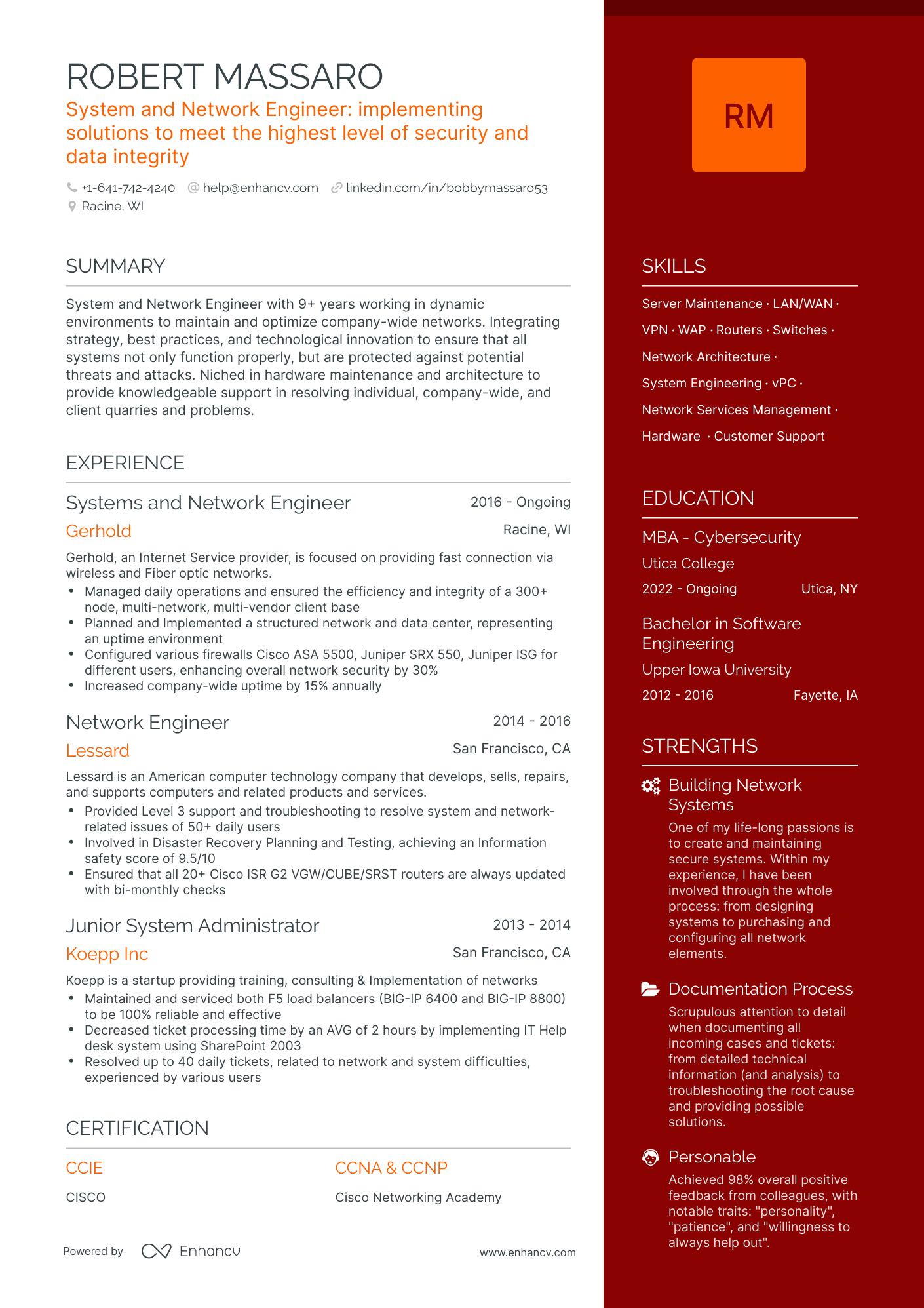 One Page System And Network Engineer Resume Template