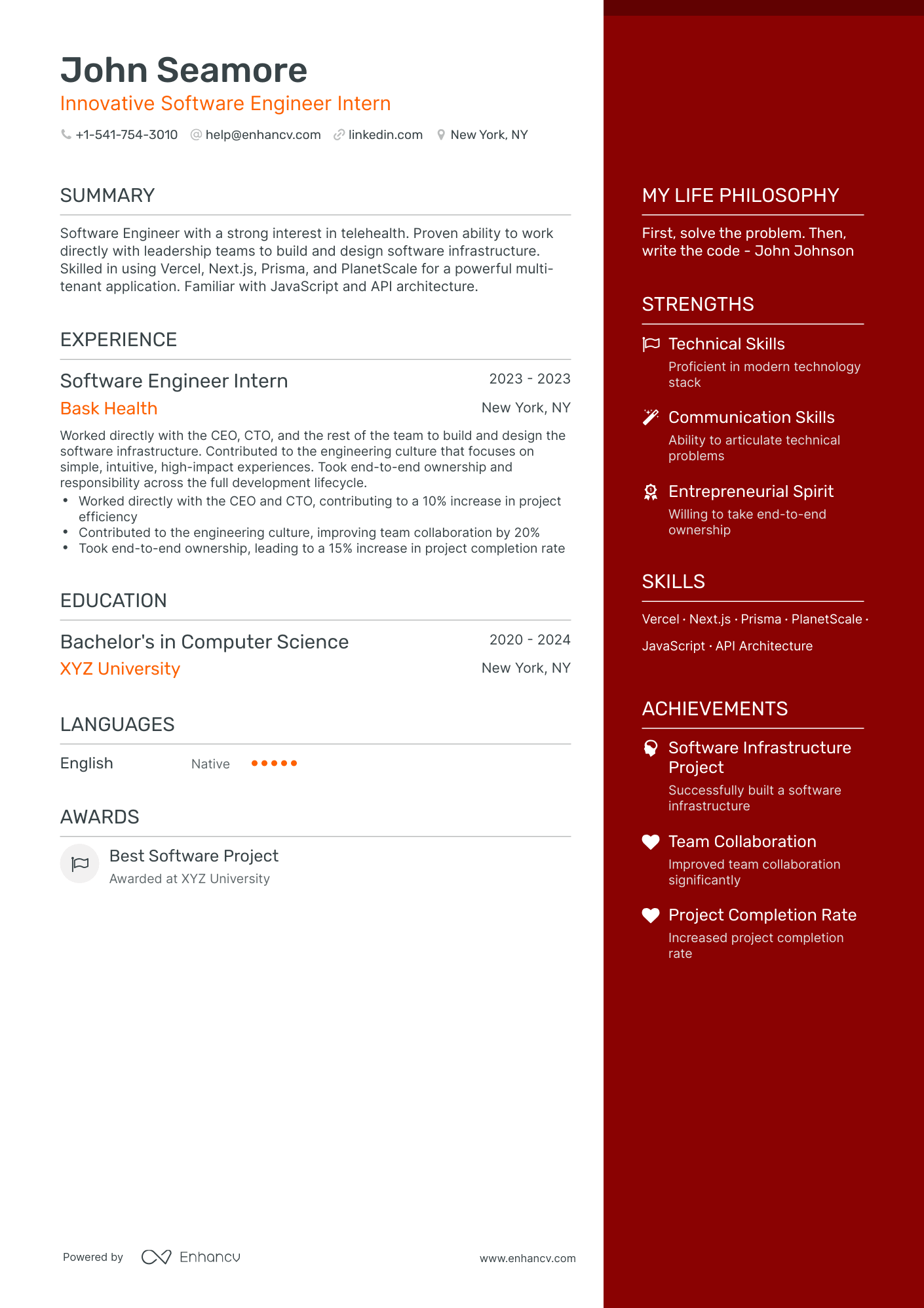 One Page Software Engineer Intern Resume Template