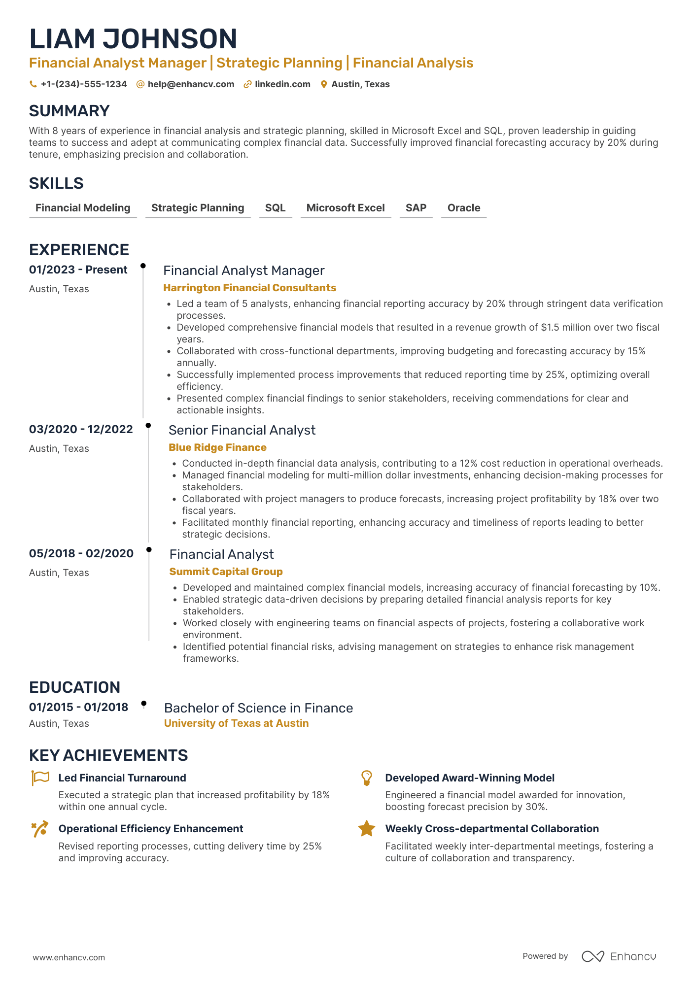 A resume example of a Financial Analyst Manager