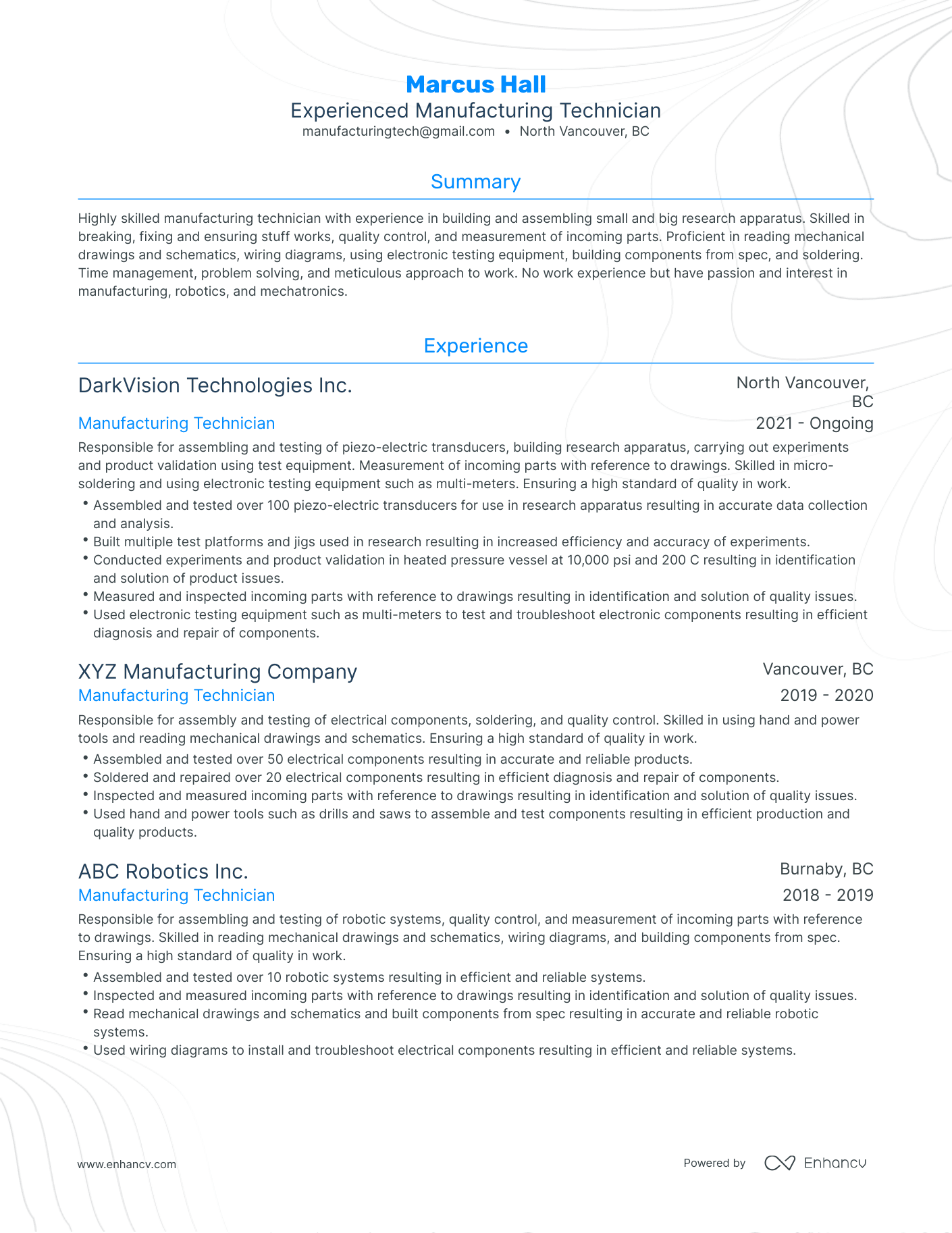 Traditional Manufacturing Technician Resume Template