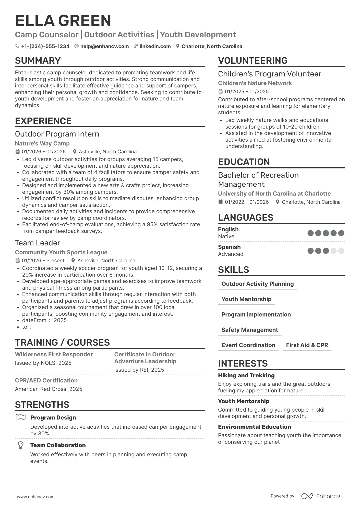 A resume example of a Entry Level Camp Counselor