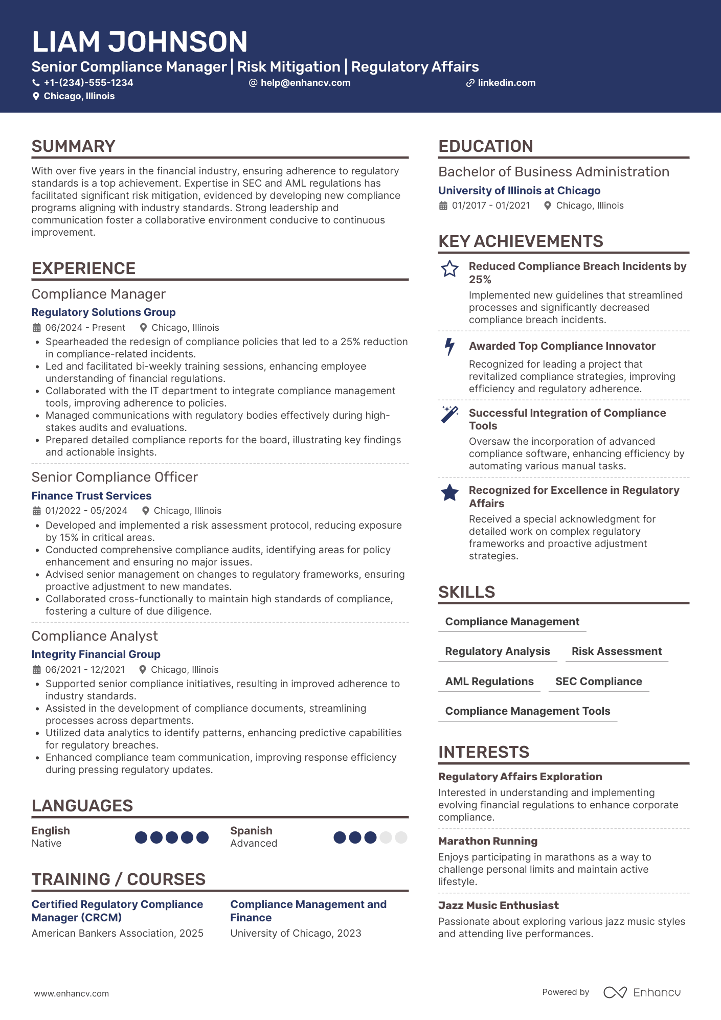 A resume example of a Senior Compliance Manager
