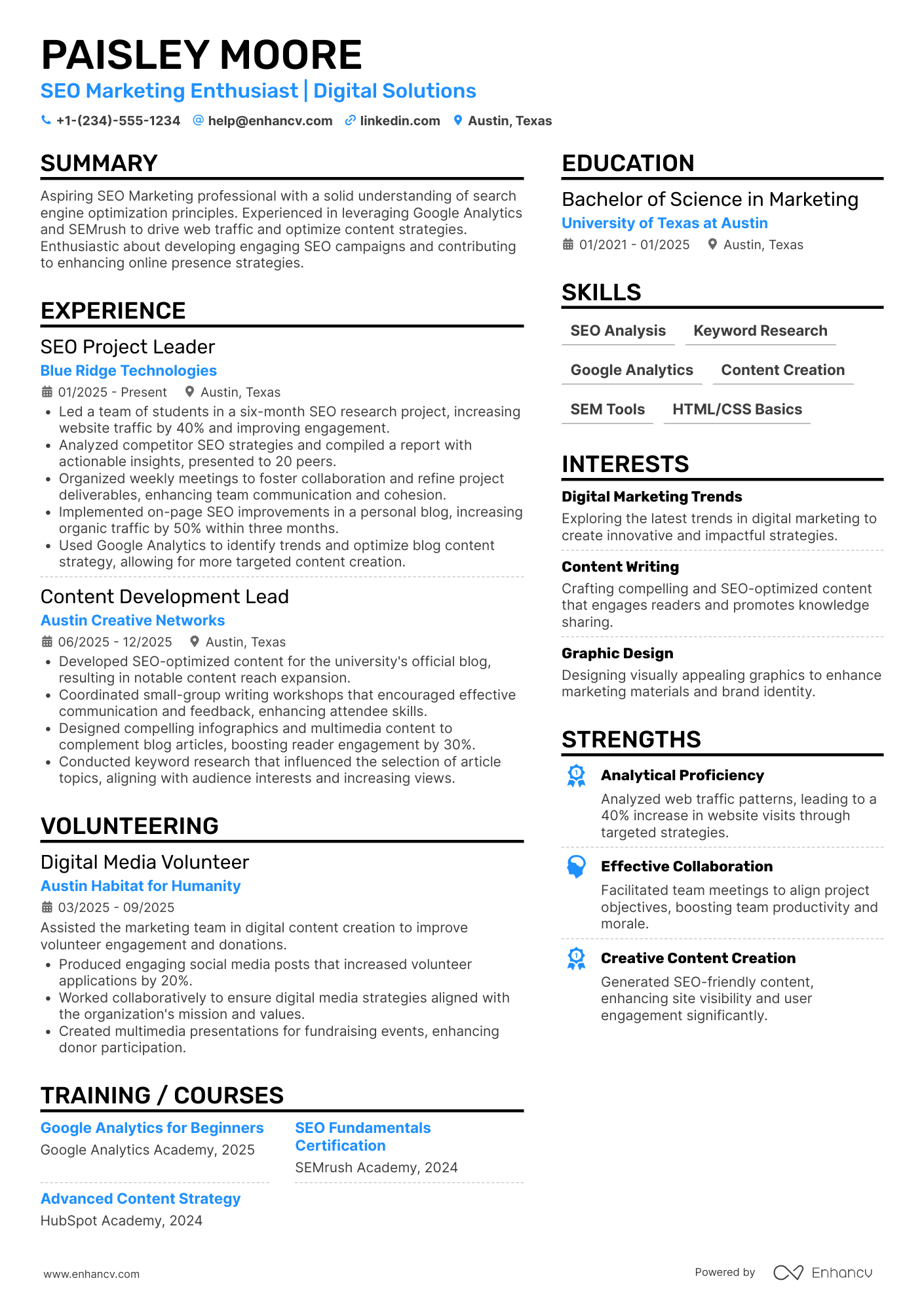 A resume example of a SEO Marketing Intern