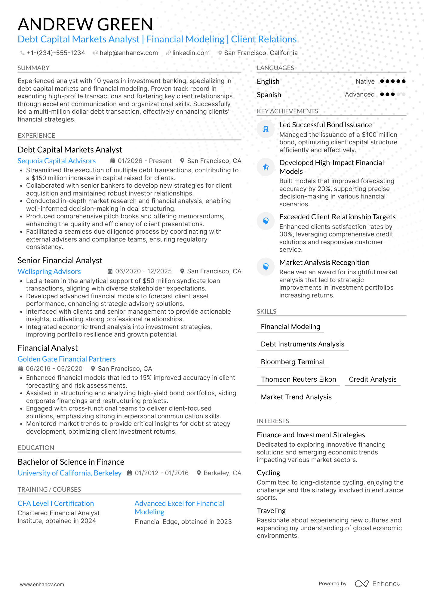 A resume example of a Investment Banking Debt Capital Markets Analyst