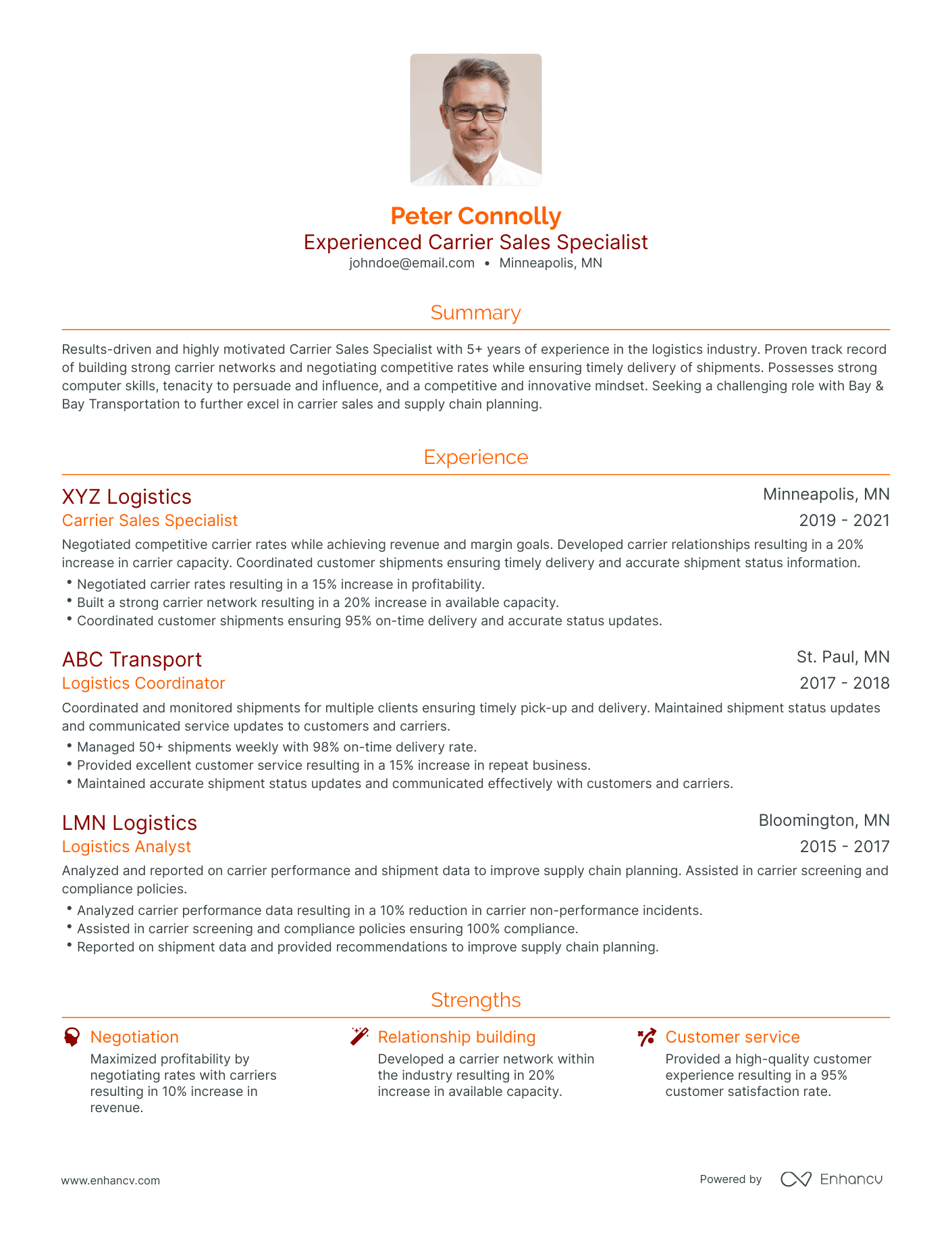Traditional Strong Carrier Sales Resume Template