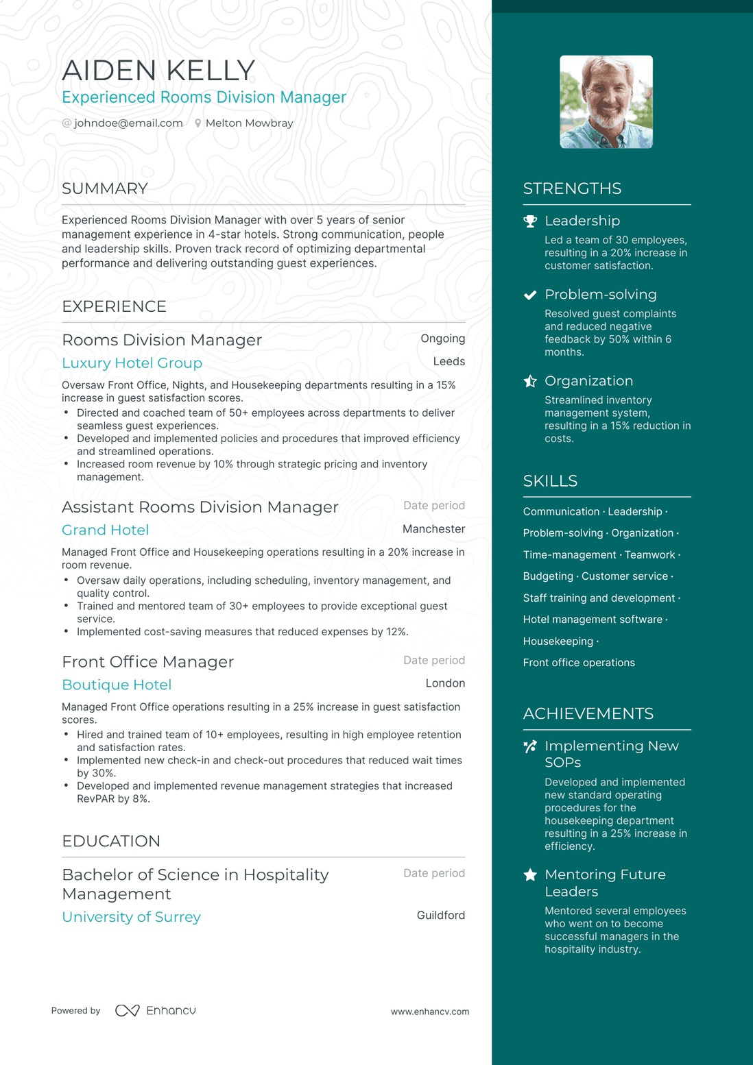 One Page Rooms Division Manager Resume Template