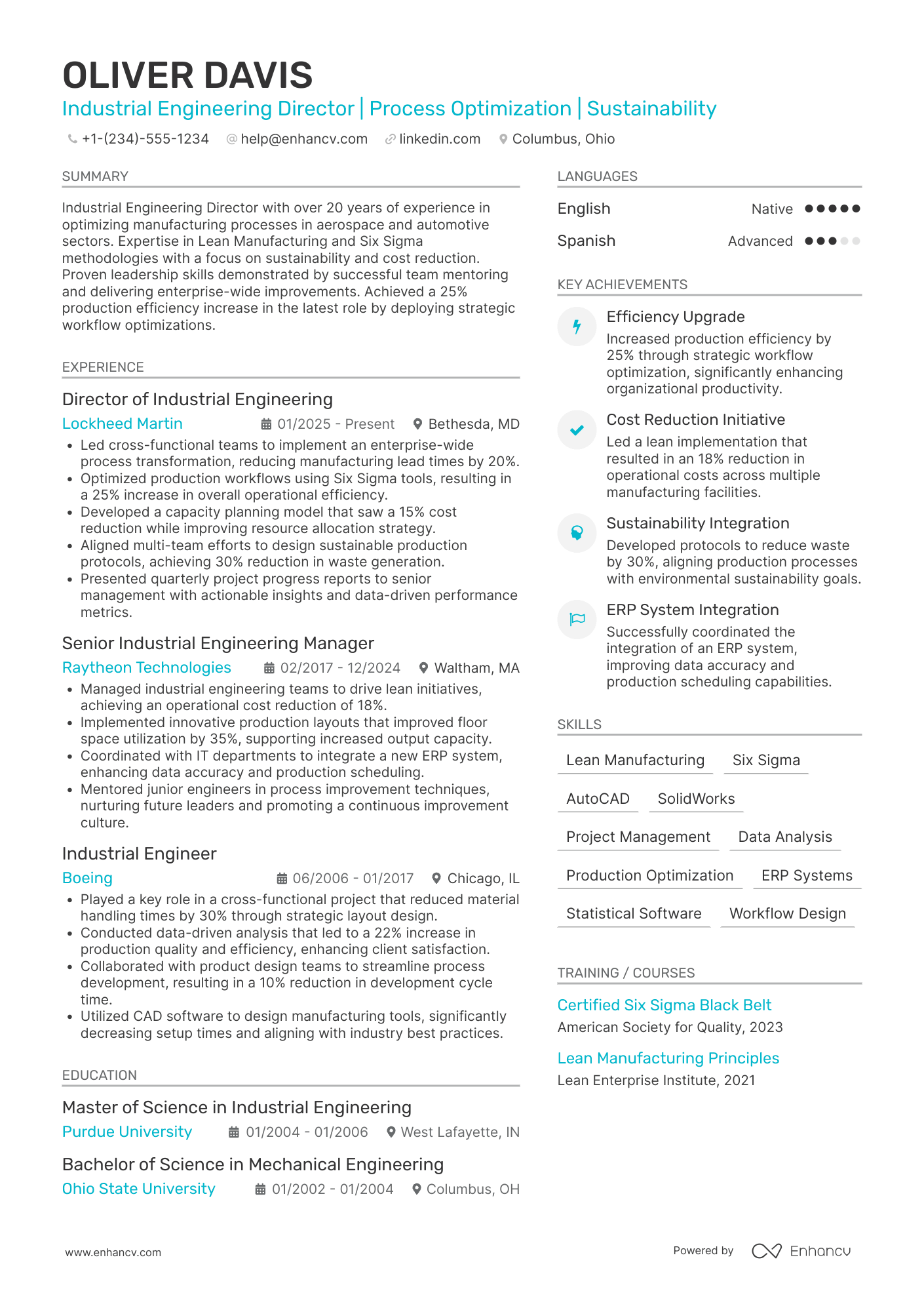 A resume example of a Industrial Engineering Director