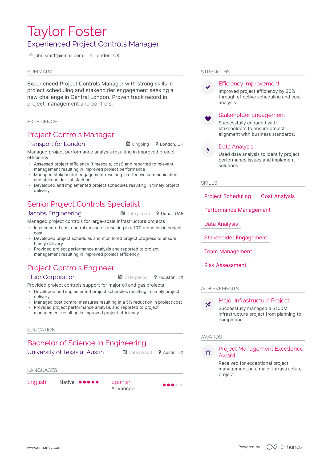 Modern Project Controls Manager Resume Template